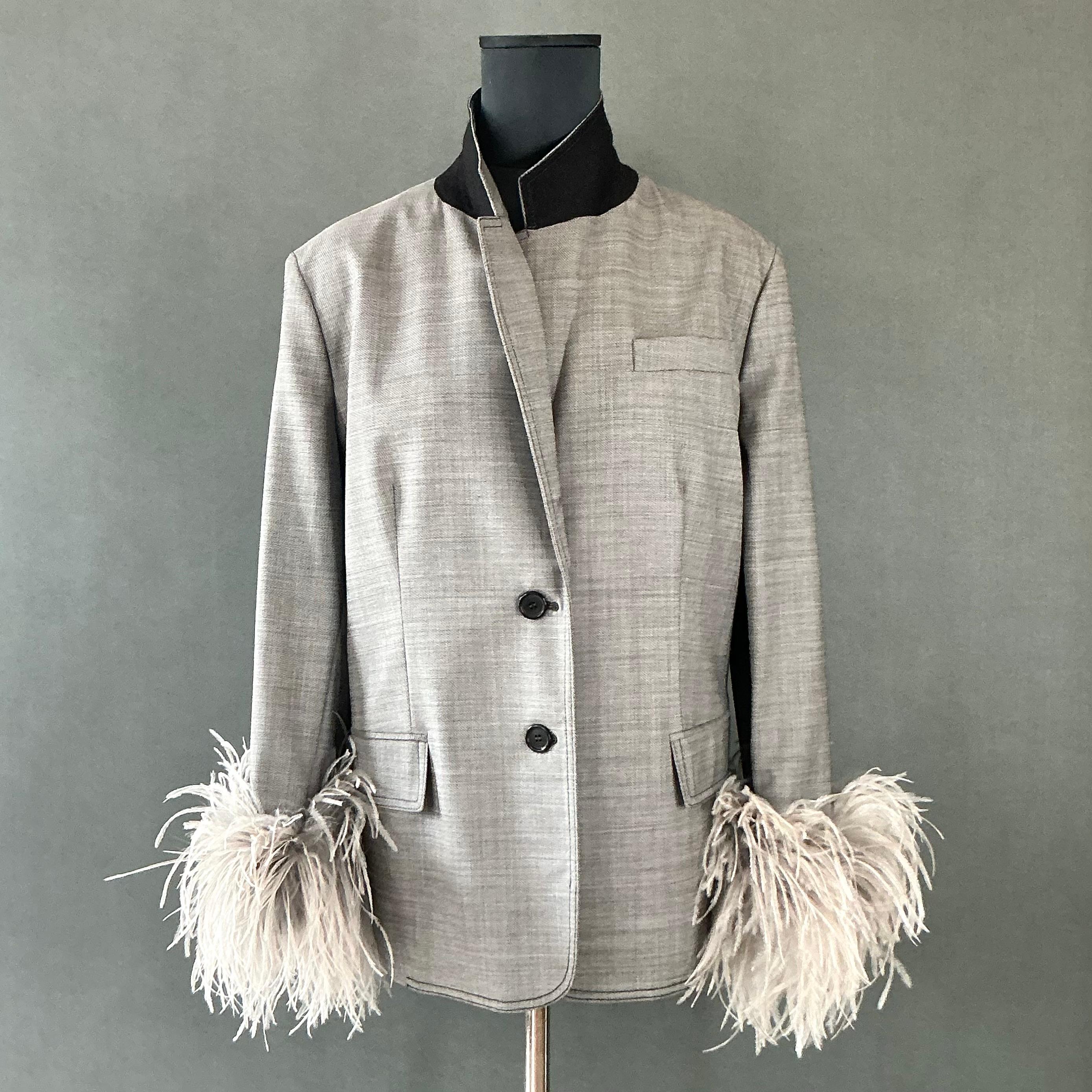 Vintage Prada Fil-A-Fil Feather Cuff Blazer In Good Condition For Sale In Lake Worth Beach, FL