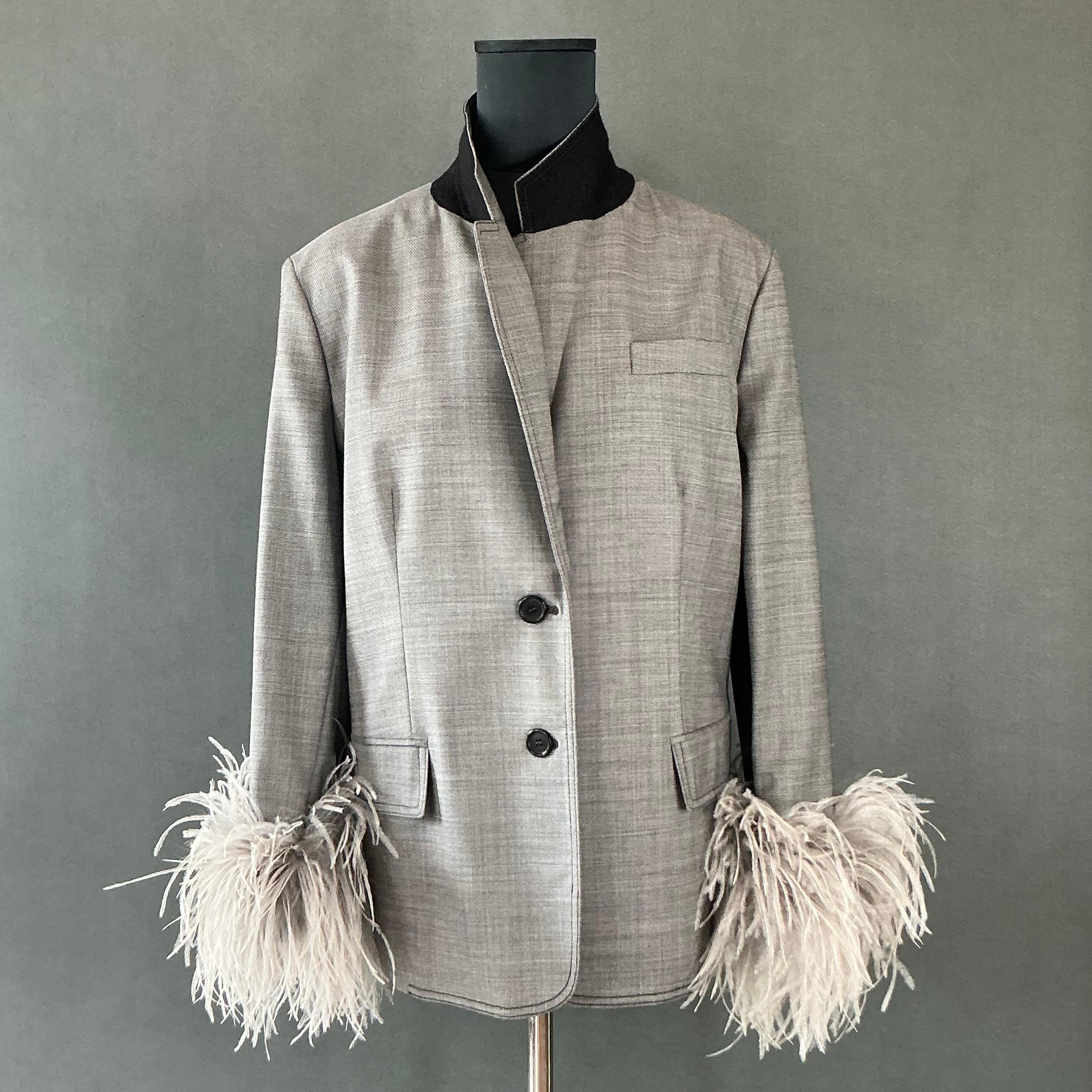 Women's or Men's Vintage Prada Fil-A-Fil Feather Cuff Blazer For Sale