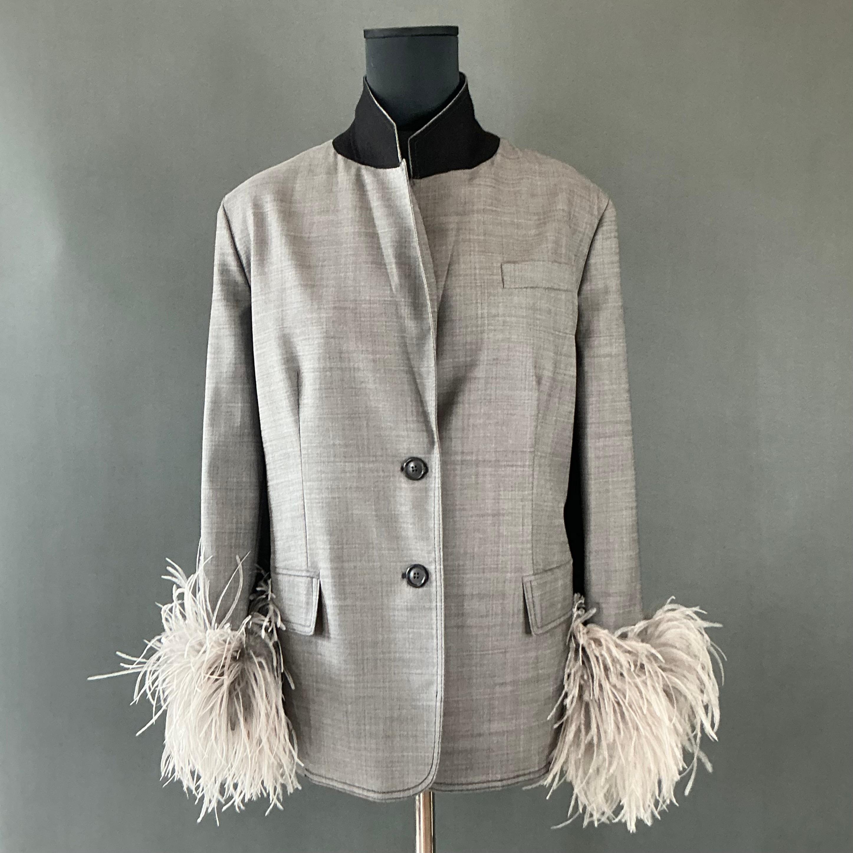 Vintage Prada Fil-A-Fil Feather Cuff Blazer For Sale 1