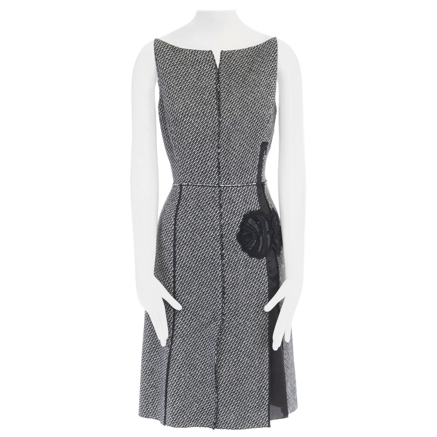 vintage PRADA grey mohair wool tweed raw edge bead embellished dress IT42 M