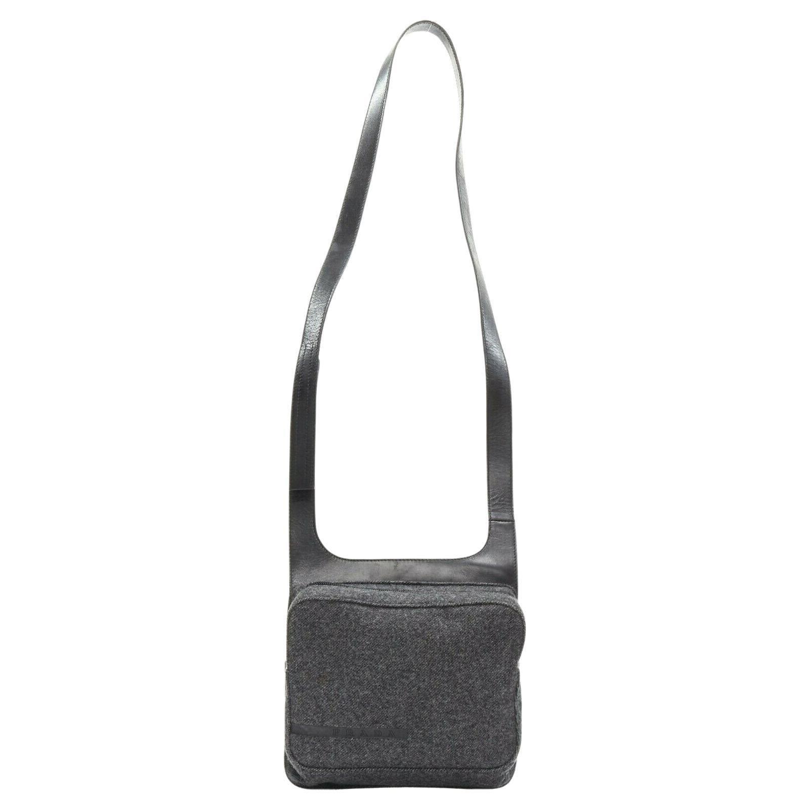 vintage PRADA grey wool leather zipper strap crossbody shoulder square bag