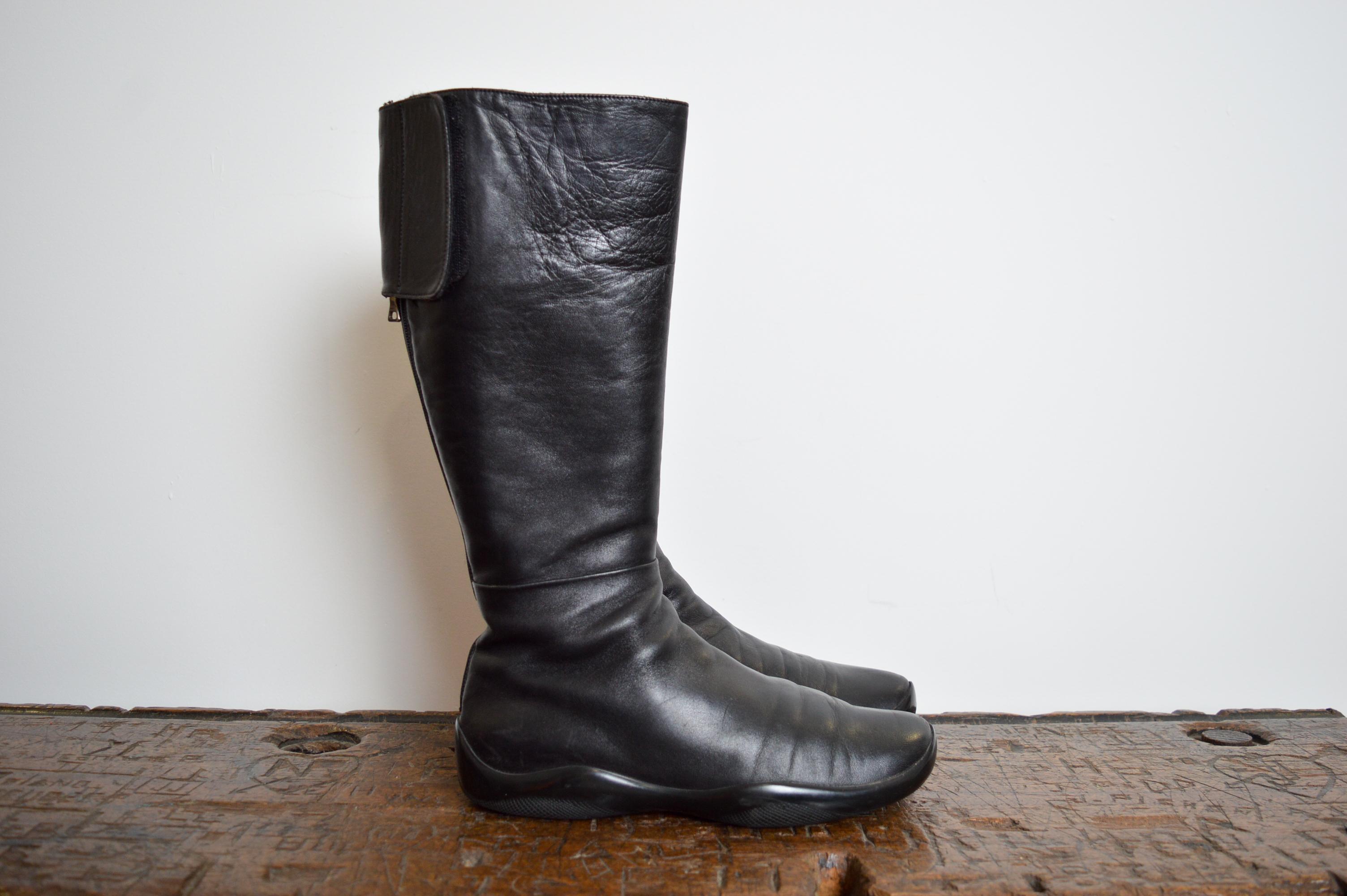Vintage PRADA Knee High Black Leather 2000s Technical Y2K Vintage PRADA Knee High Black Leather 2000s Technical Y2K