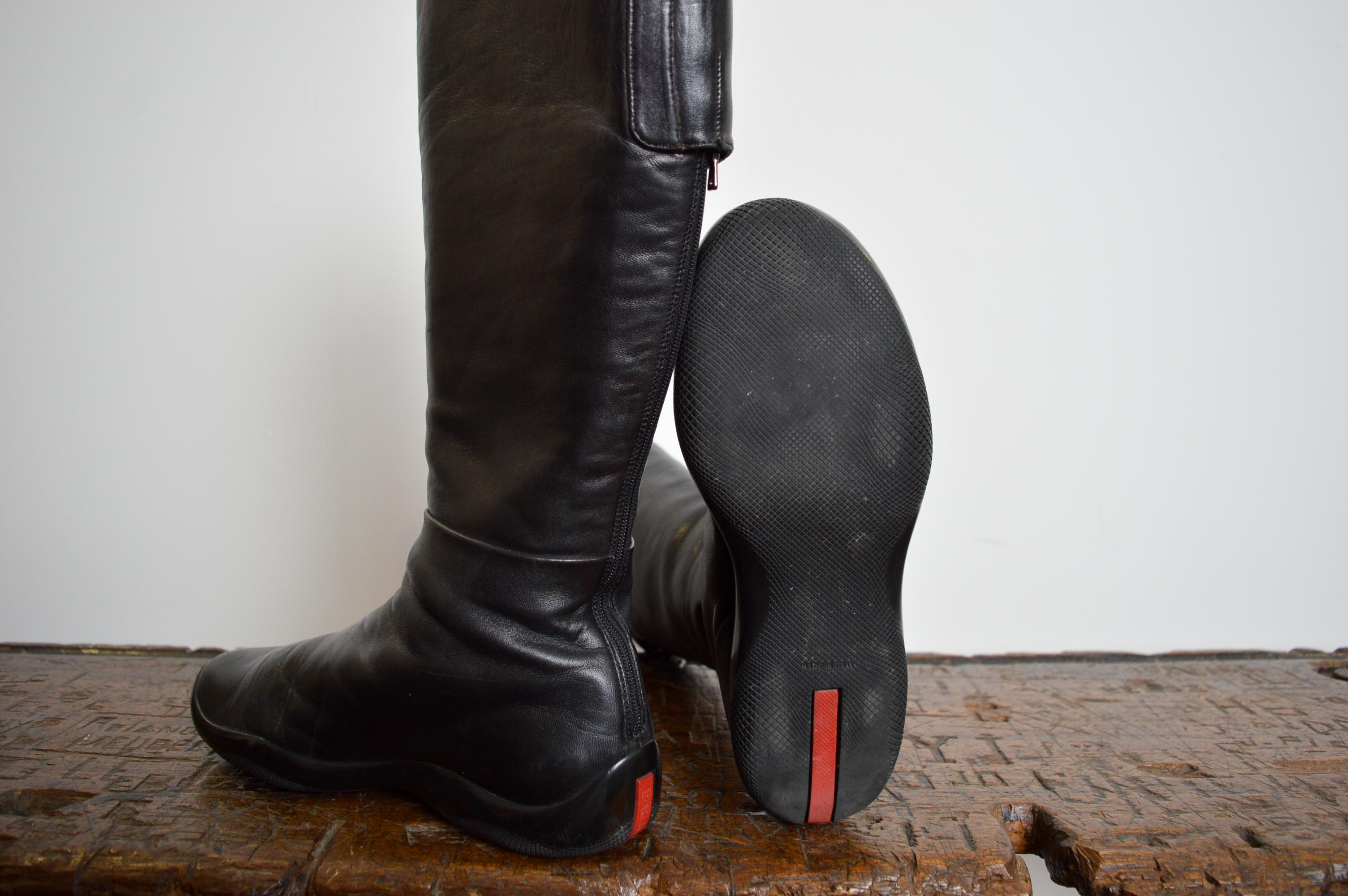 Vintage PRADA Knee High Black Leather 2000s Technical Y2K Vintage PRADA Knee High Black Leather 2000s Technical Y2K