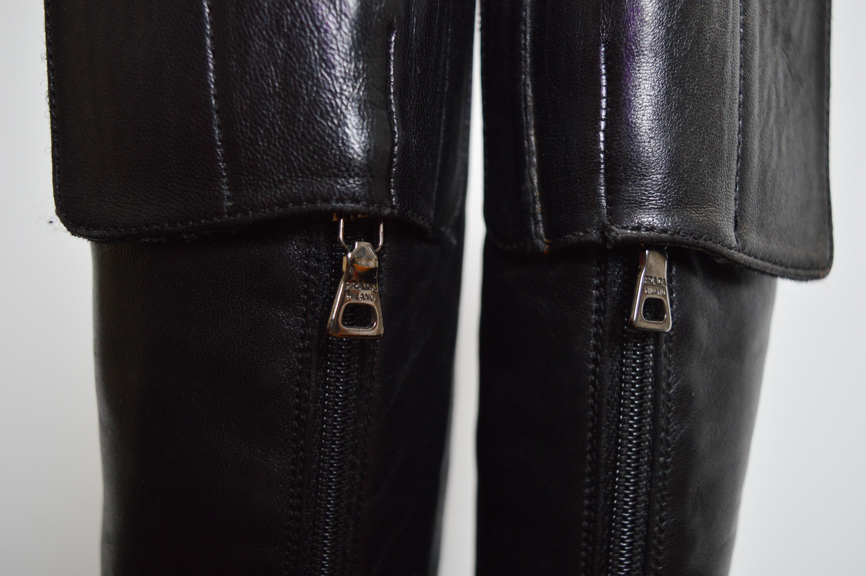 Vintage PRADA Knee High Black Leather 2000s Technical Y2K flat boots For Sale 4