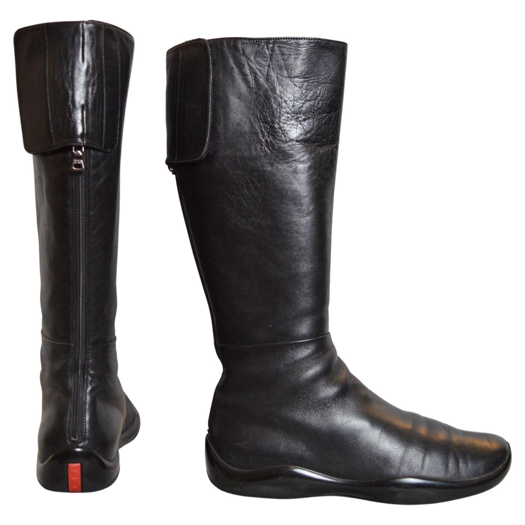 Vintage PRADA Knee High Black Leather 2000s Technical Y2K Vintage PRADA Knee High Black Leather 2000s Technical Y2K