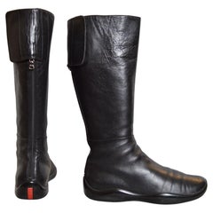 Vintage PRADA Genou Haut Cuir Noir 2000s Technique Y2K bottes plates