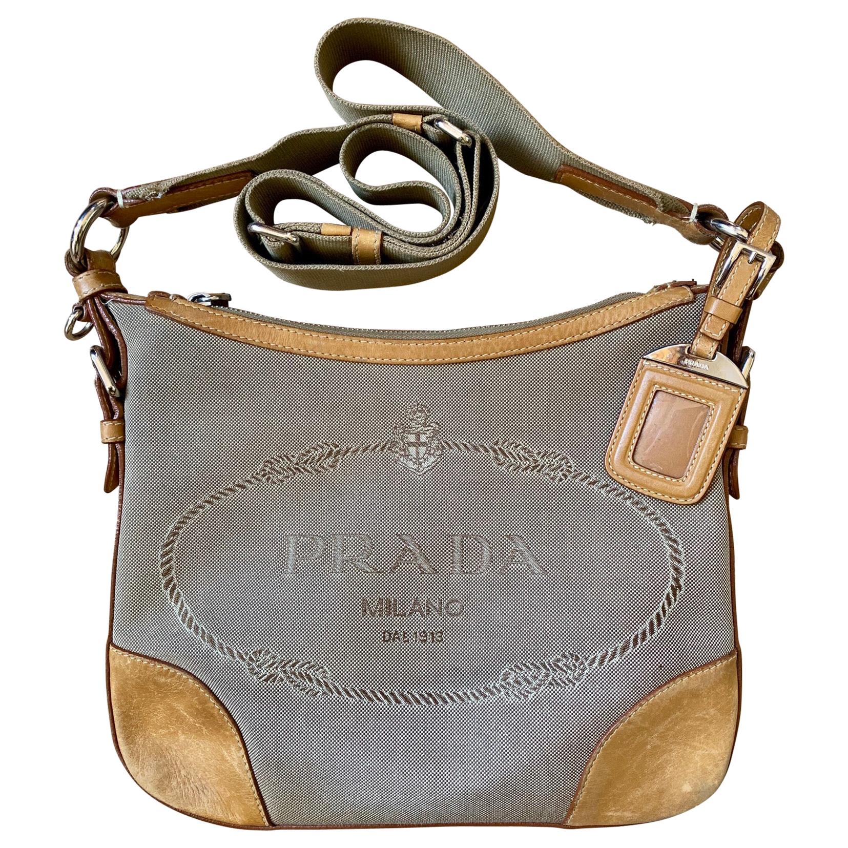 Vintage Prada Milano Canapa Jacquard Crossbody Shoulder Bag For Sale