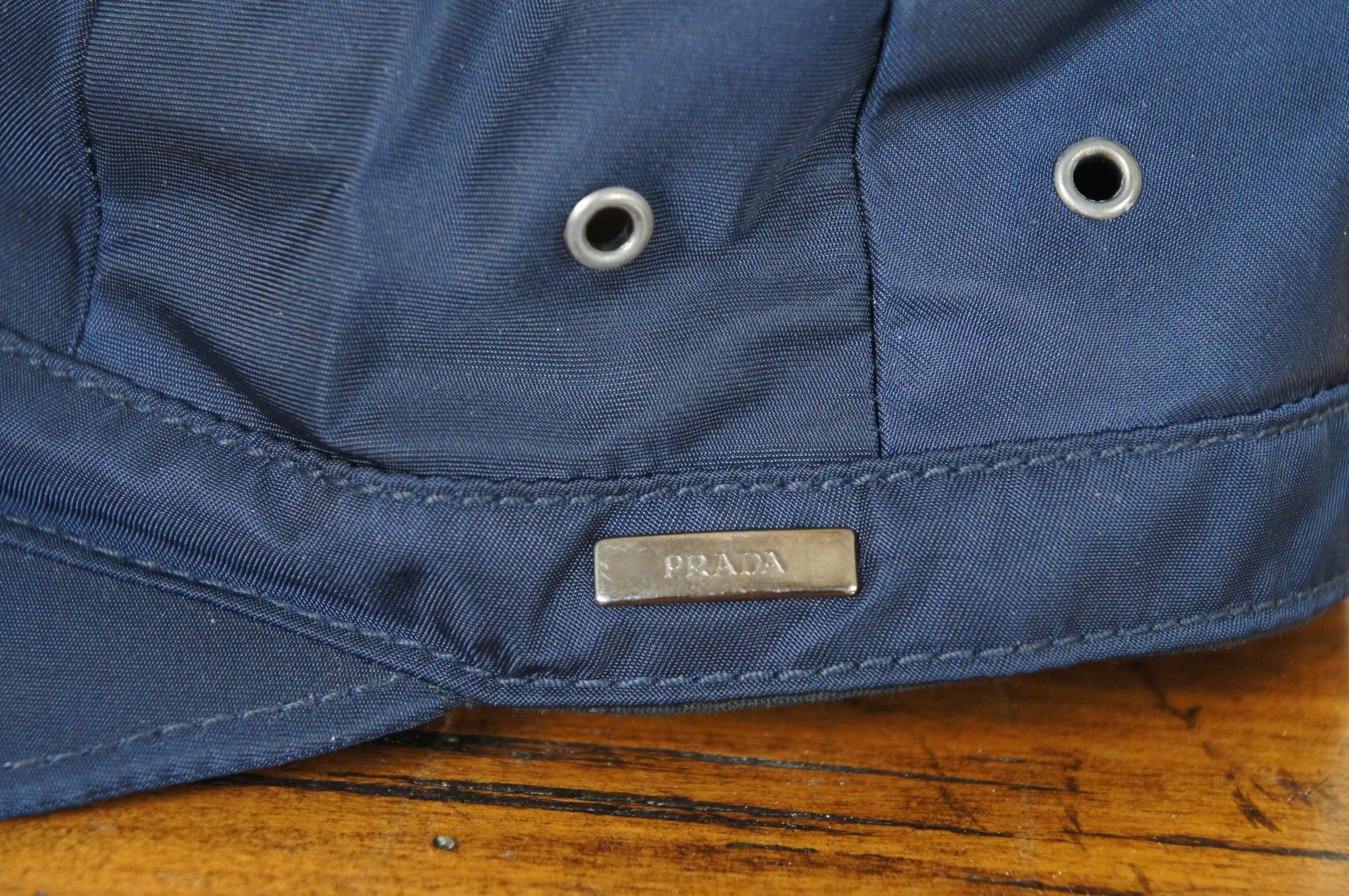 20th Century Vintage Prada Navy Blue Polymide Nylon Lambskin Cotton Short Brim Hat Cap Size M For Sale