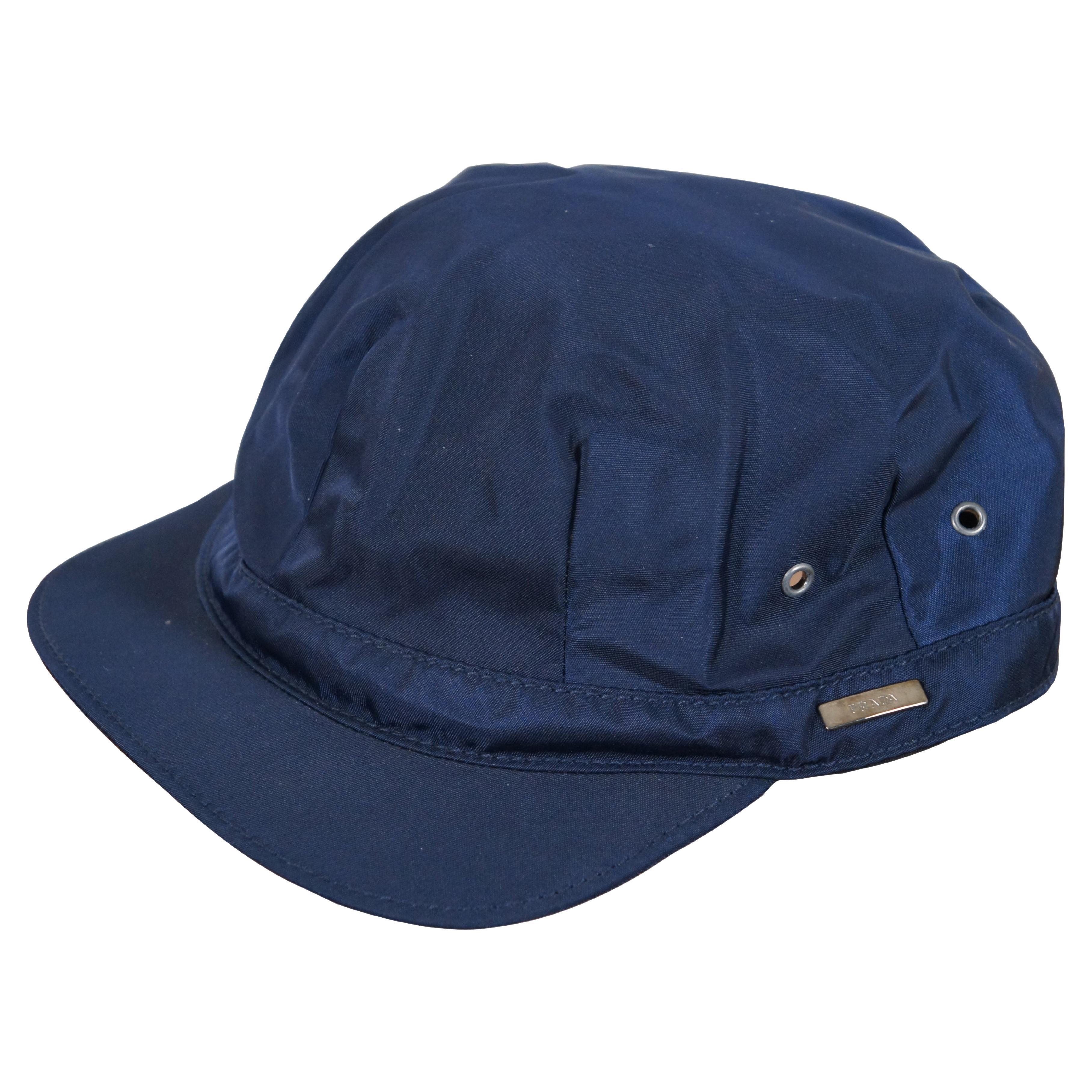 Vintage Prada Navy Blue Polymide Nylon Lambskin Cotton Short Brim Hat Cap Size M For Sale