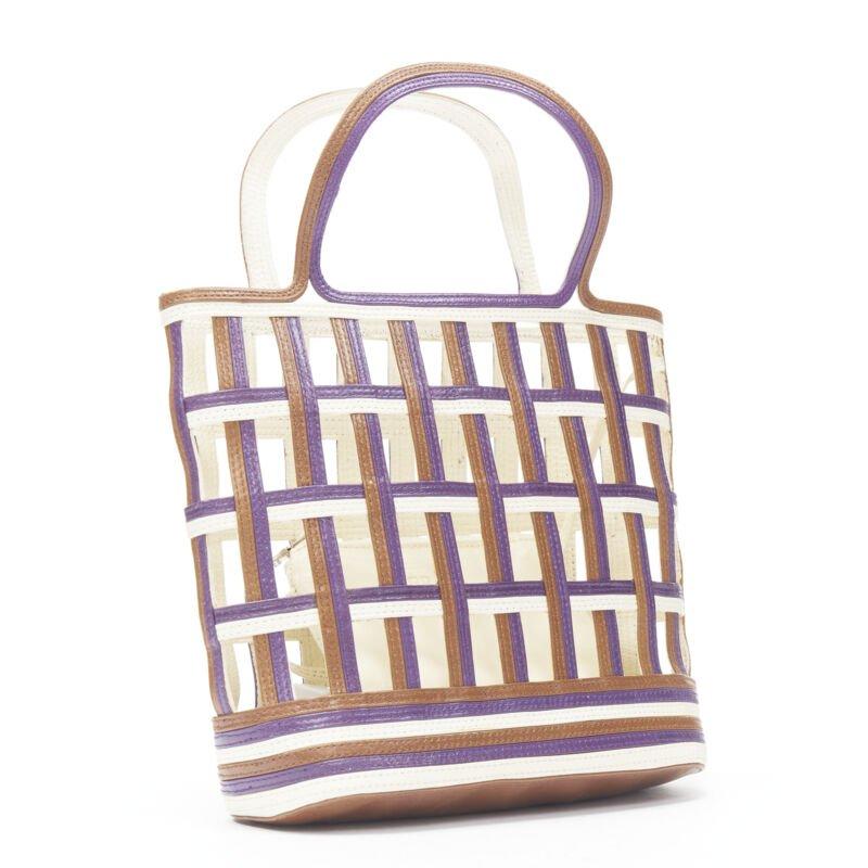 Gray vintage PRADA purple brown cream lattice open weave mini top handle bag