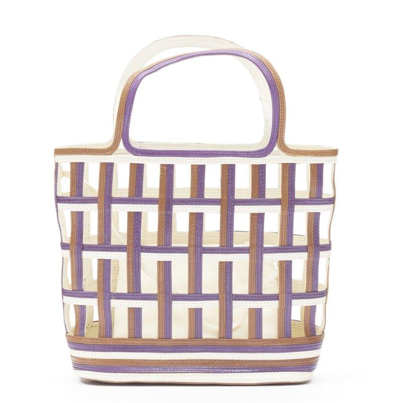Women's vintage PRADA purple brown cream lattice open weave mini top handle bag