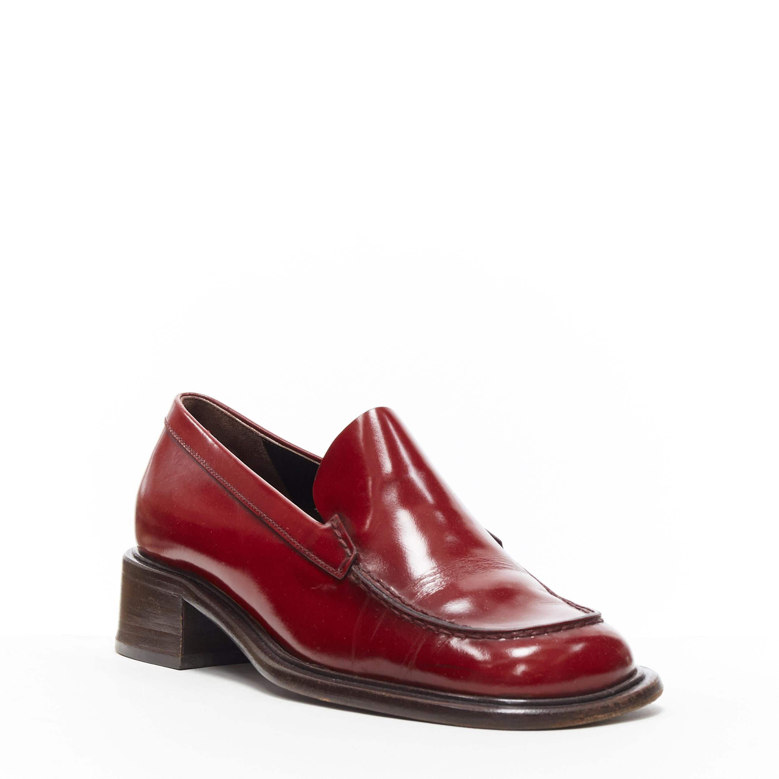 vintage PRADA red polished leather square toe chunky heel loafer EU34.5
Brand: Prada
Designer: Miuccia Prada
Model Name / Style: Loafer
Material: Leather
Color: Red
Pattern: Solid
Closure: Slip on
Extra Detail: Mid (2-2.9 in) heel height. Square