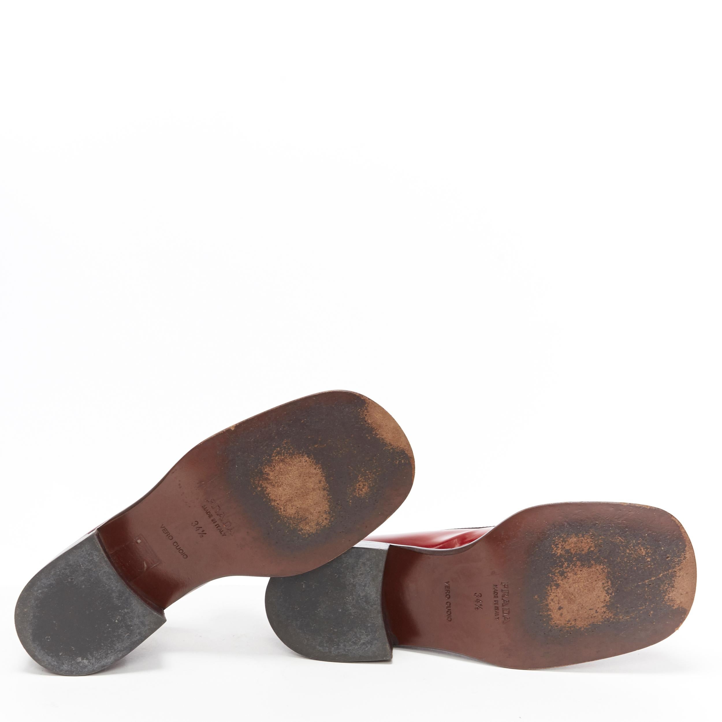 Brown vintage PRADA red polished leather square toe chunky heel loafer EU34.5