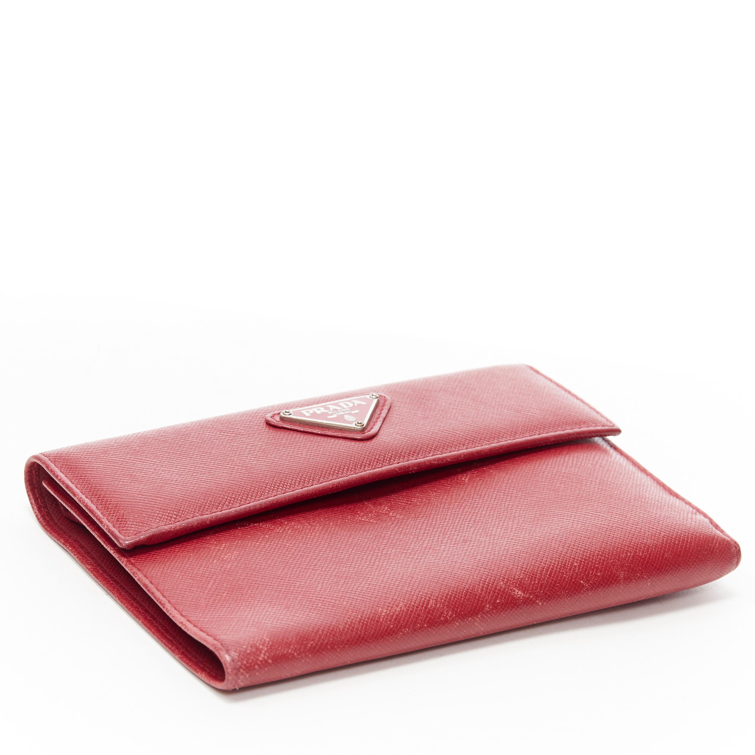 Women's vintage PRADA red saffiano leather triangular plaque flap wallet