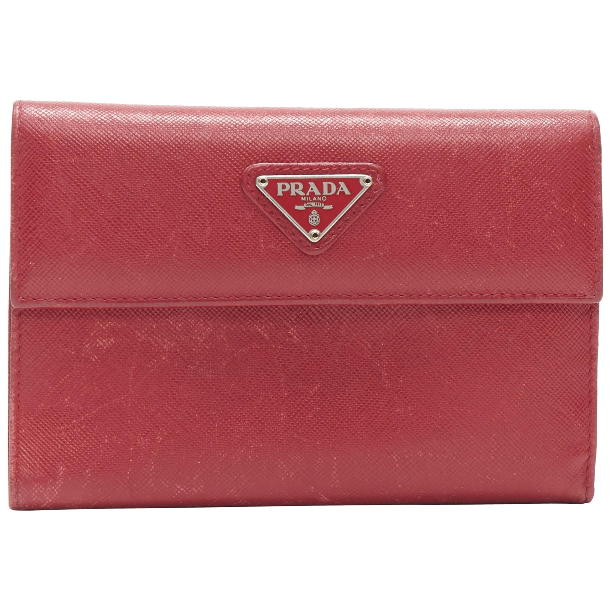 vintage PRADA red saffiano leather triangular plaque flap wallet
