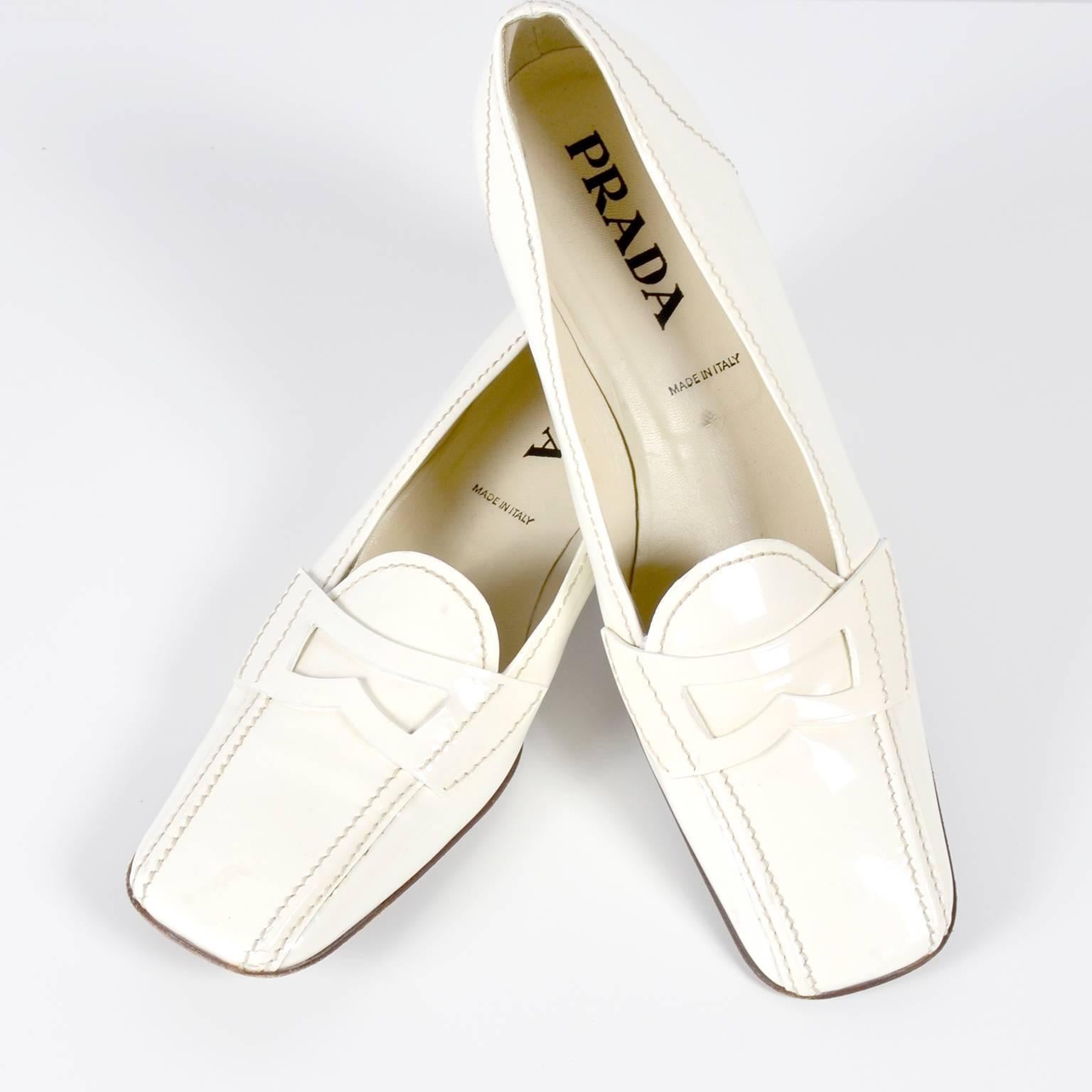 Vintage Prada Shoes W/ Square Toes & Block Heels in Ivory Patent Leather 3