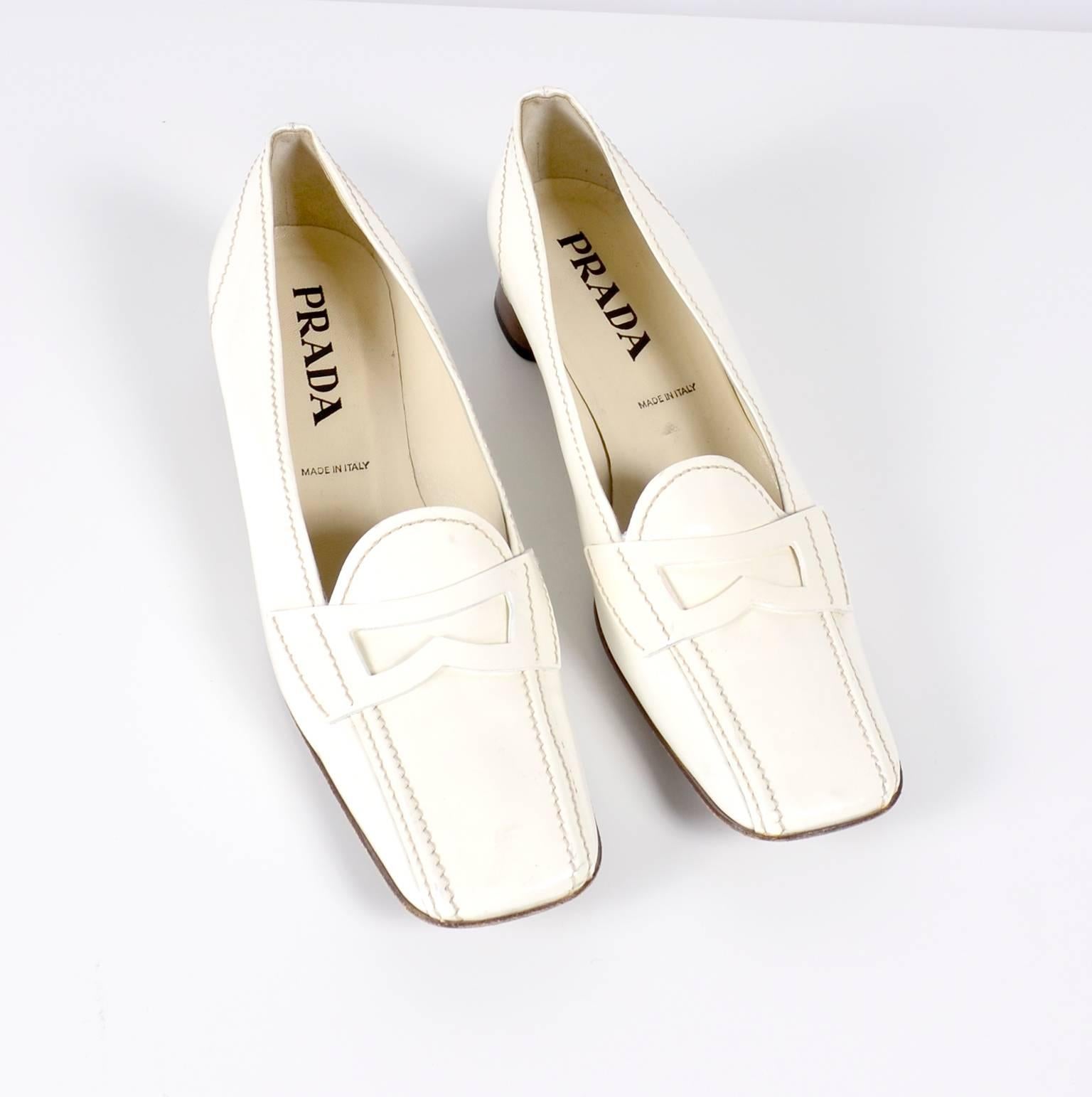 Beige Vintage Prada Shoes W/ Square Toes & Block Heels in Ivory Patent Leather