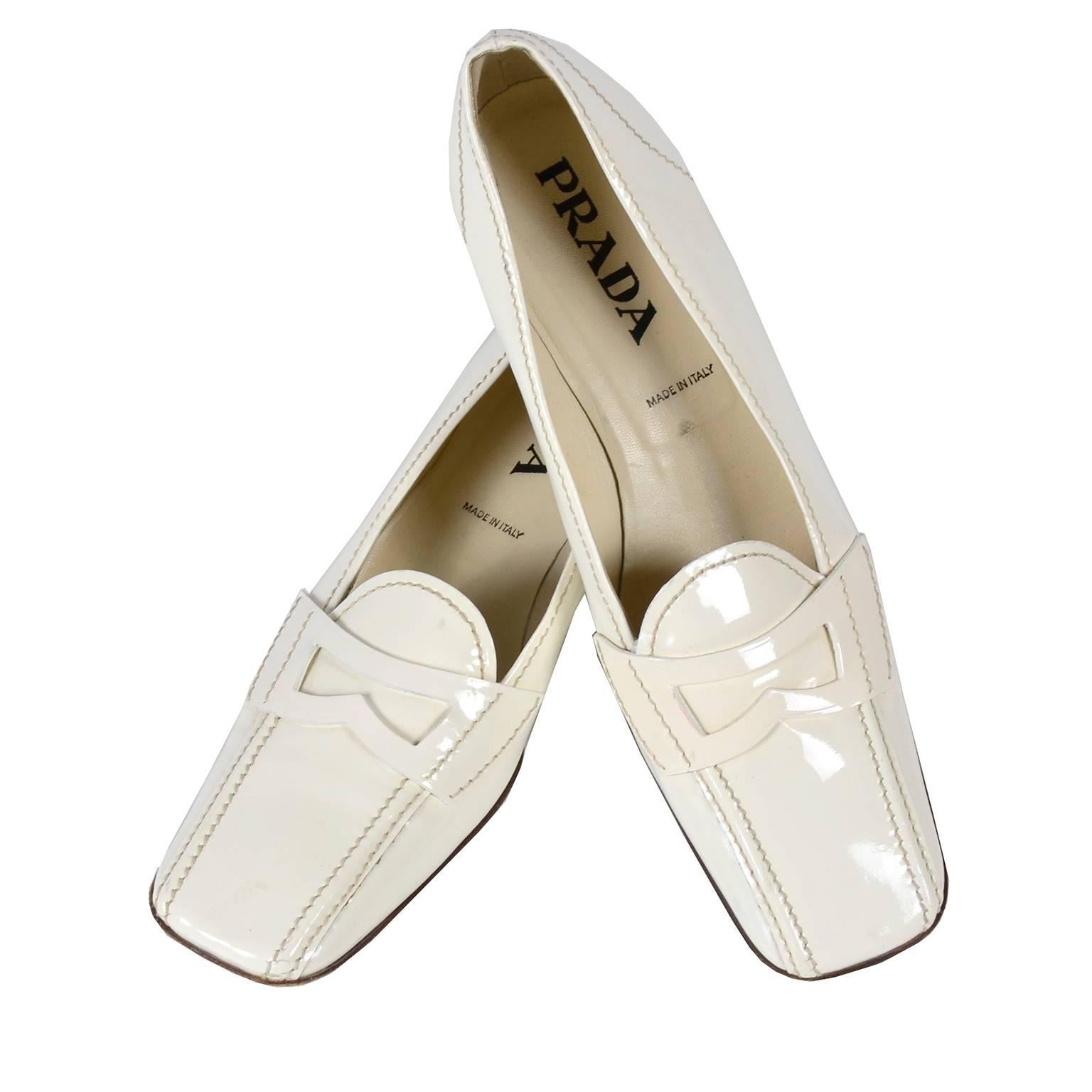 Vintage Prada Shoes W/ Square Toes and Block Heels in Ivory Patent Leather  at 1stDibs