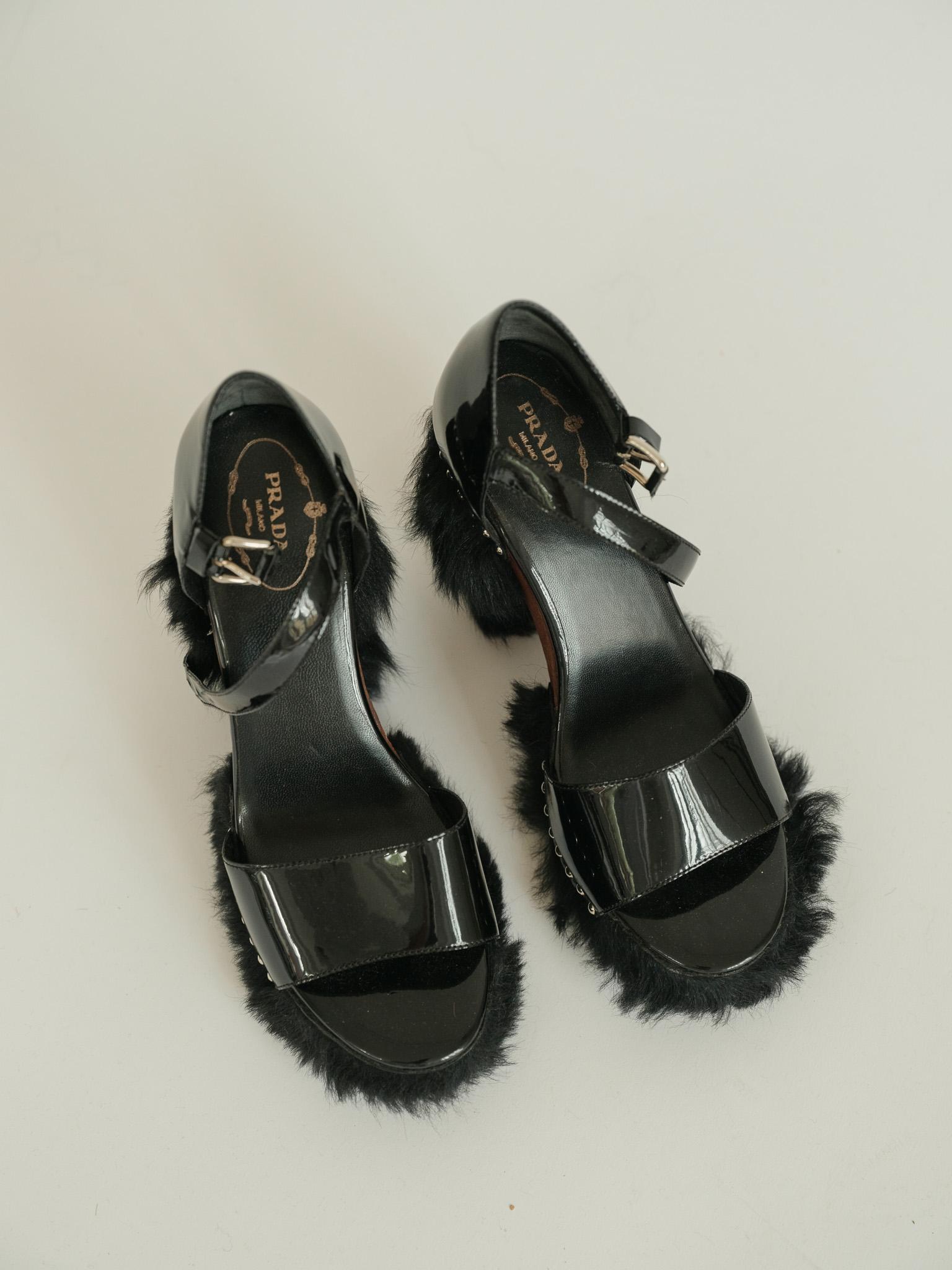 Vintage Prada Studded Pony Hair Patent Leather Heels size 39 In Excellent Condition For Sale In Berlin, DE