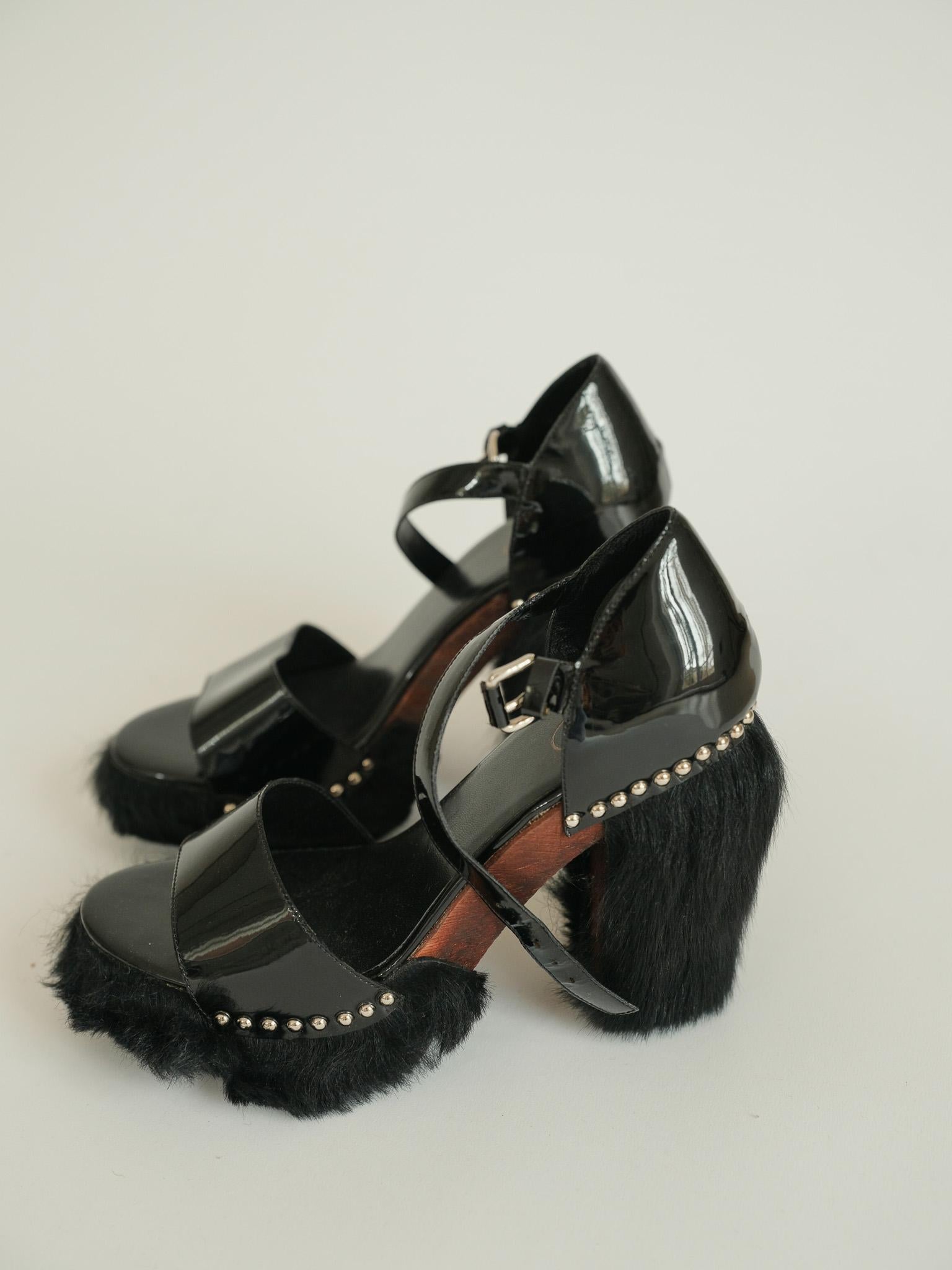 Women's Vintage Prada Studded Pony Hair Patent Leather Heels size 39 For Sale