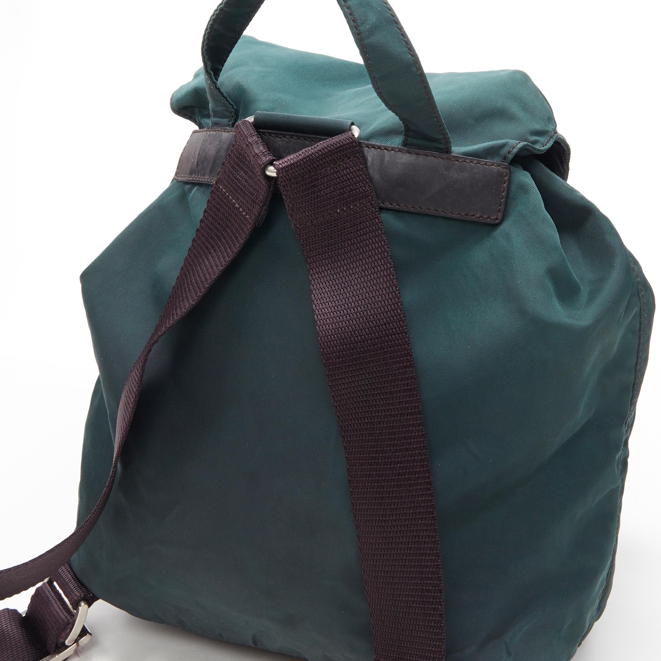 vintage PRADA Tessuto dark green nylon leather trim dual pocket backpack bag 4