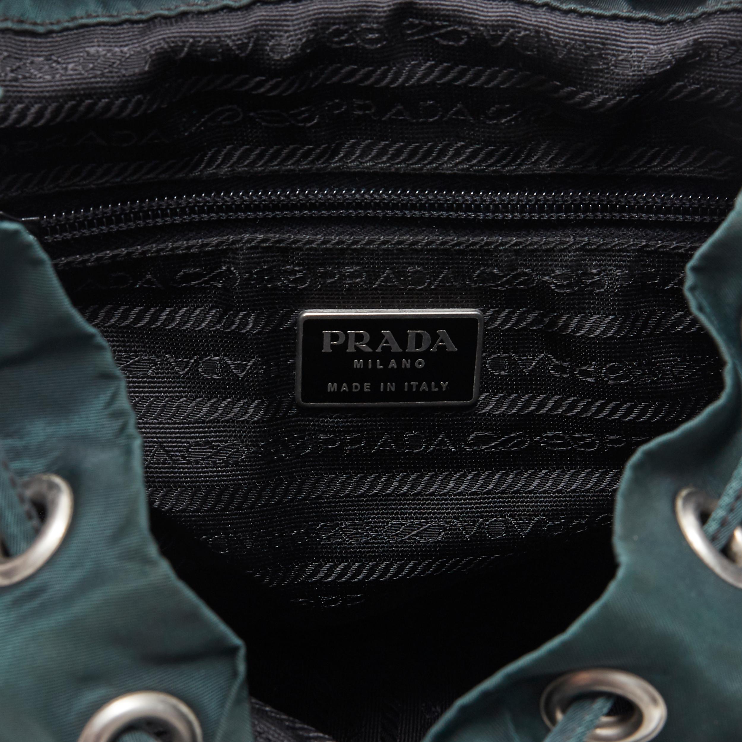 vintage PRADA Tessuto dark green nylon leather trim dual pocket backpack bag 5