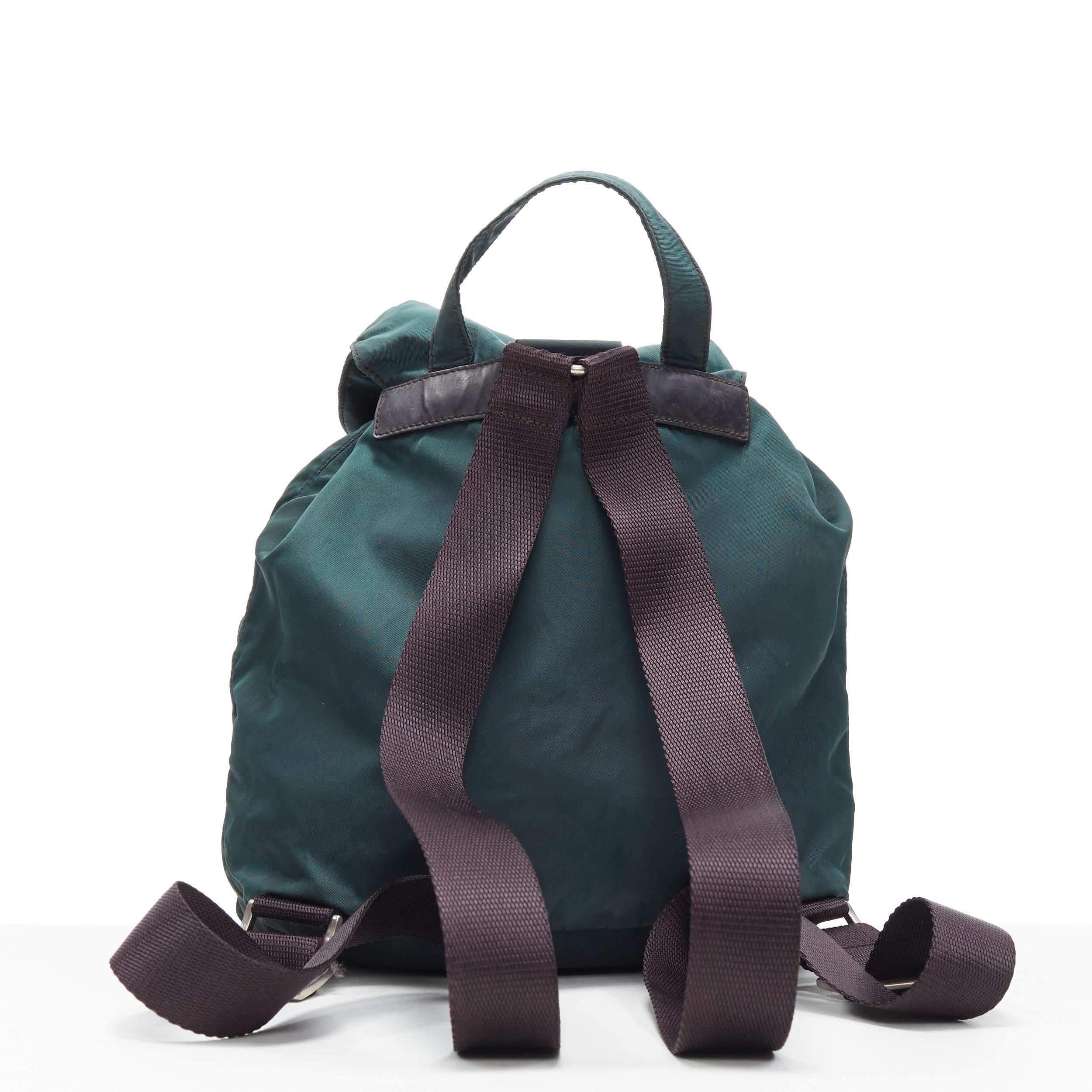 Black vintage PRADA Tessuto dark green nylon leather trim dual pocket backpack bag