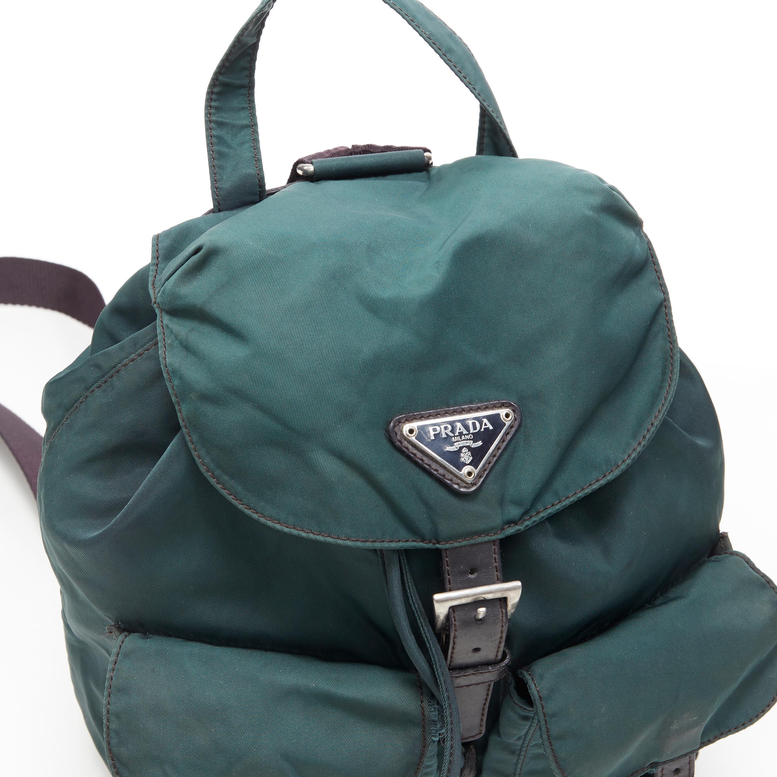 Women's vintage PRADA Tessuto dark green nylon leather trim dual pocket backpack bag