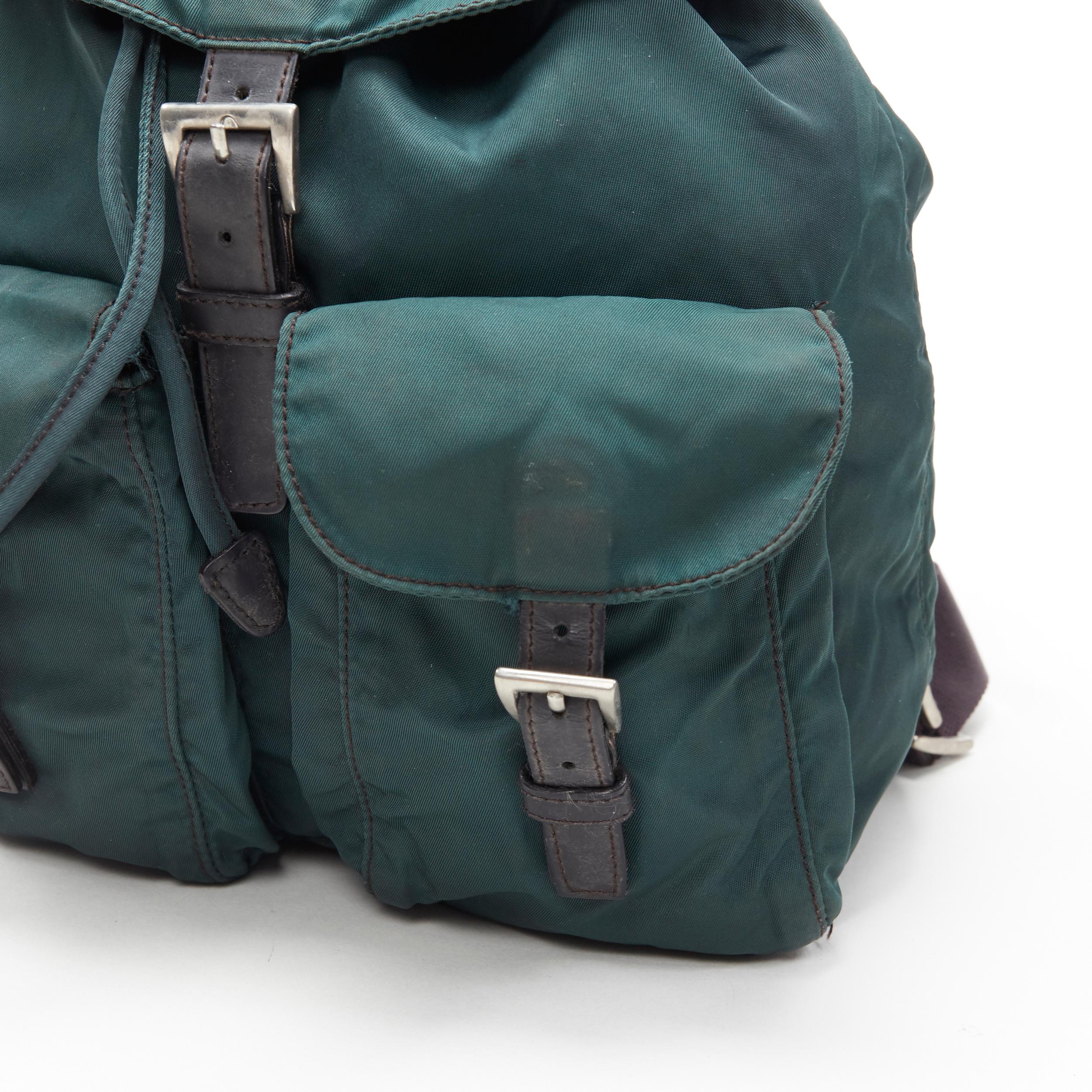 vintage PRADA Tessuto dark green nylon leather trim dual pocket backpack bag 1