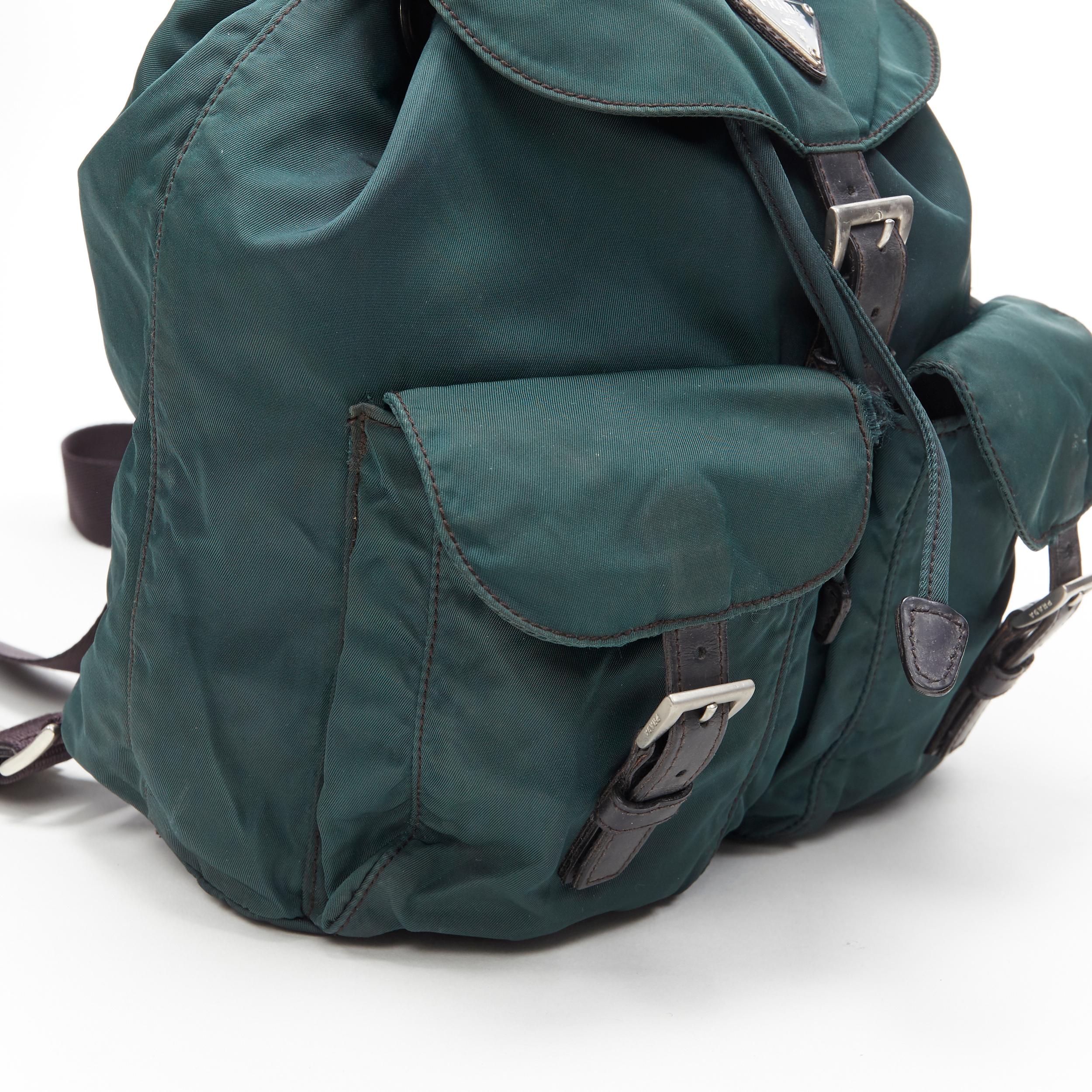 vintage PRADA Tessuto dark green nylon leather trim dual pocket backpack bag 2