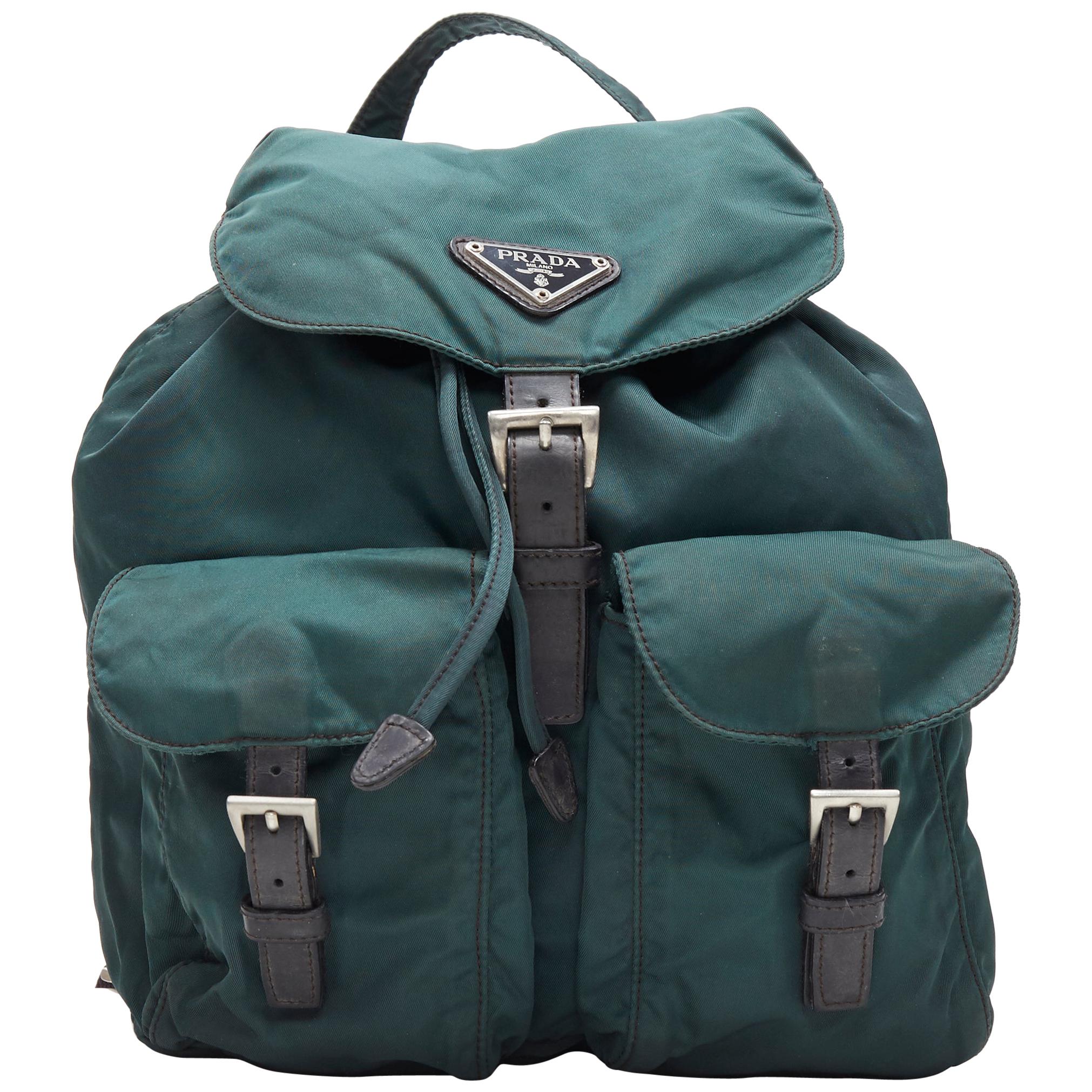 vintage PRADA Tessuto dark green nylon leather trim dual pocket backpack  bag at 1stDibs