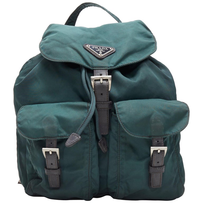 vintage PRADA Tessuto dark green nylon leather trim dual pocket backpack  bag at 1stDibs | vintage prada backpack