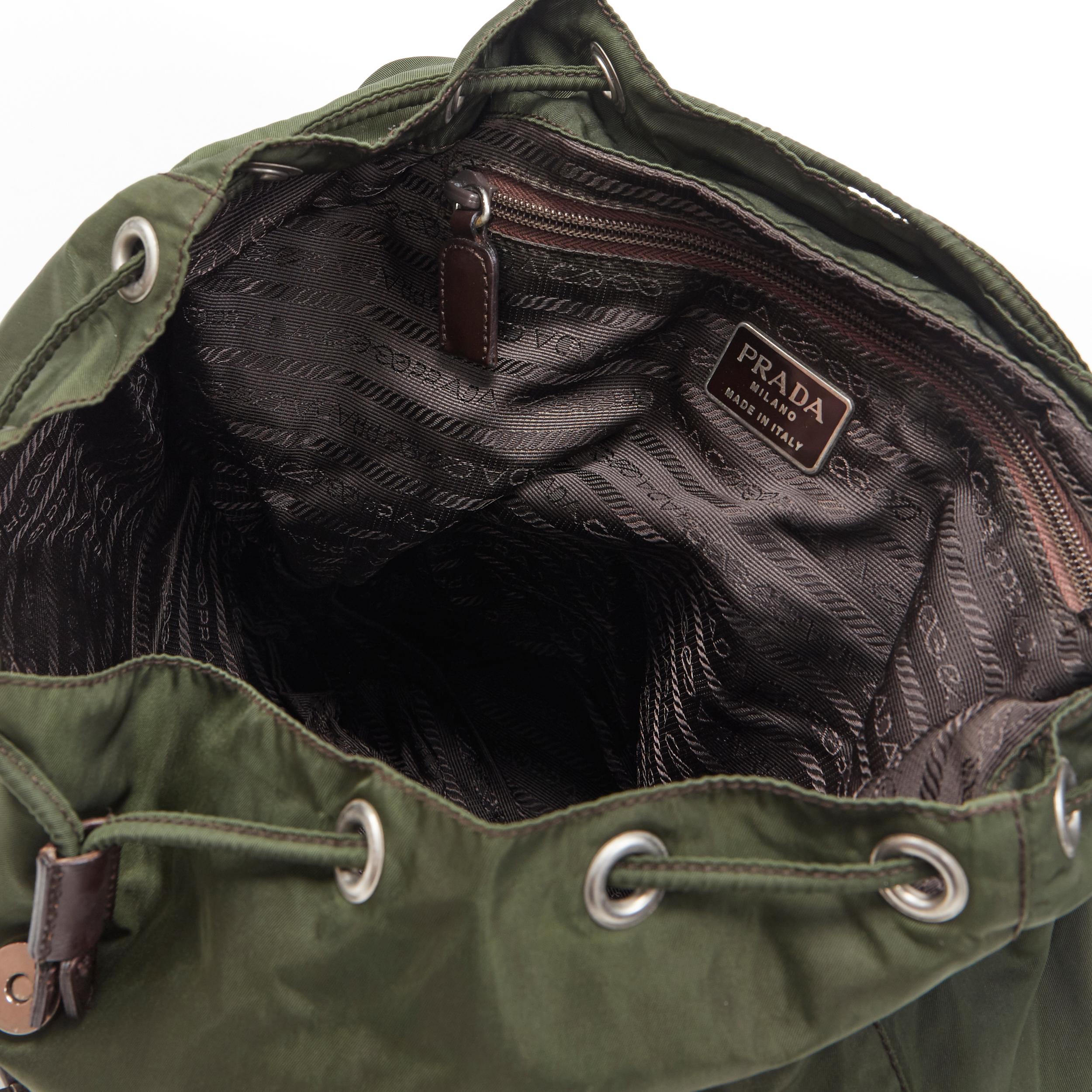 vintage PRADA Tessuto green nylon leather trimmed dual pocket backpack bag 2