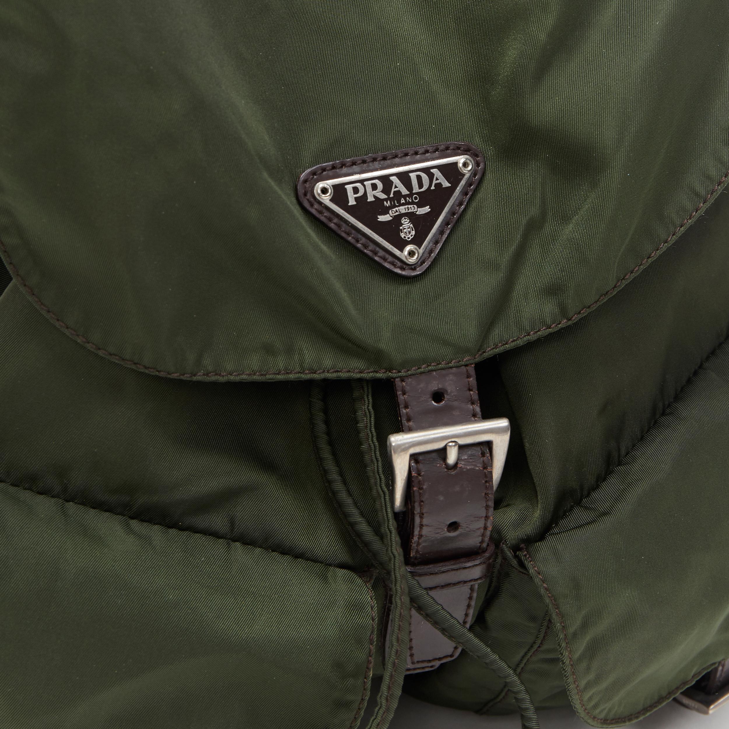 Black vintage PRADA Tessuto green nylon leather trimmed dual pocket backpack bag