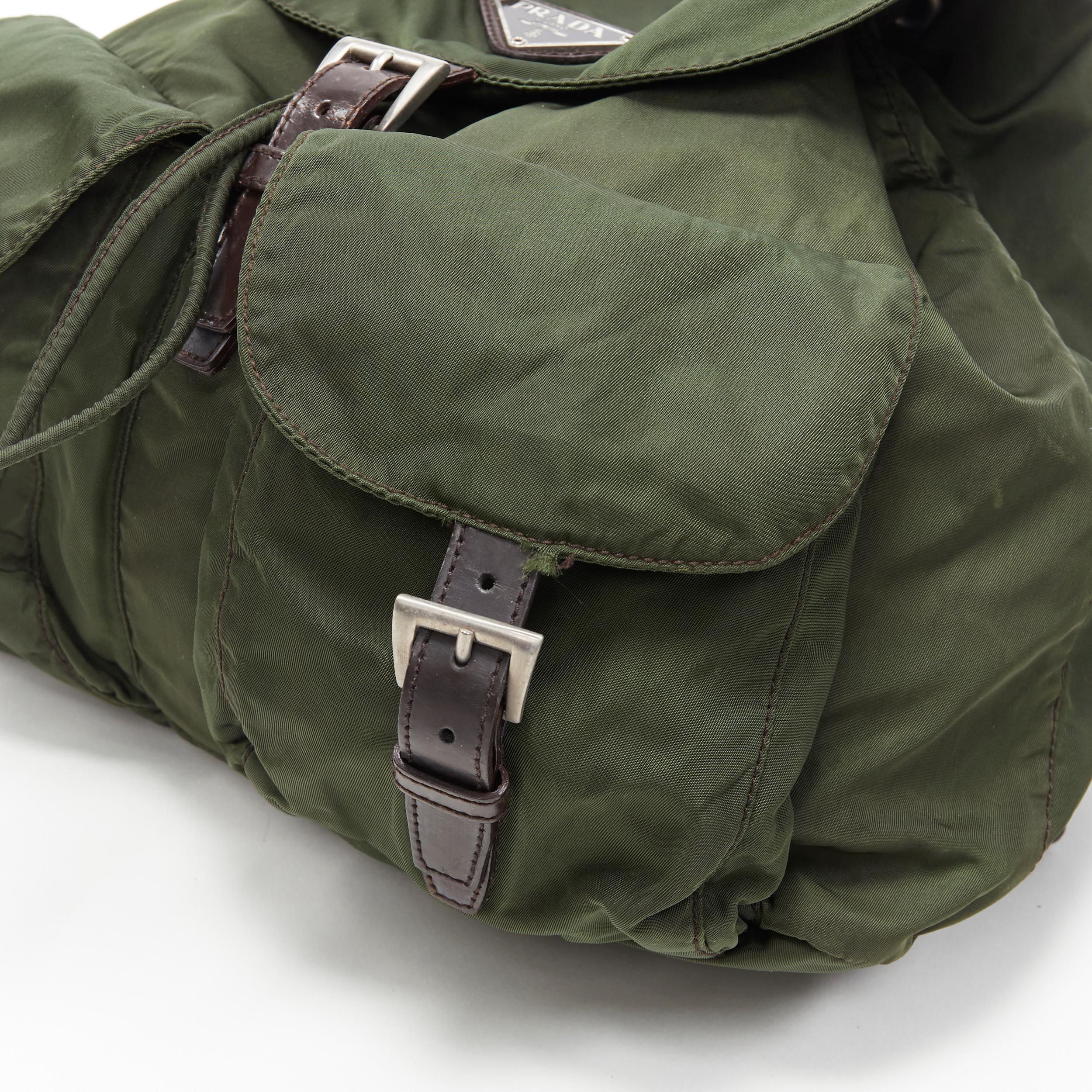 Women's vintage PRADA Tessuto green nylon leather trimmed dual pocket backpack bag