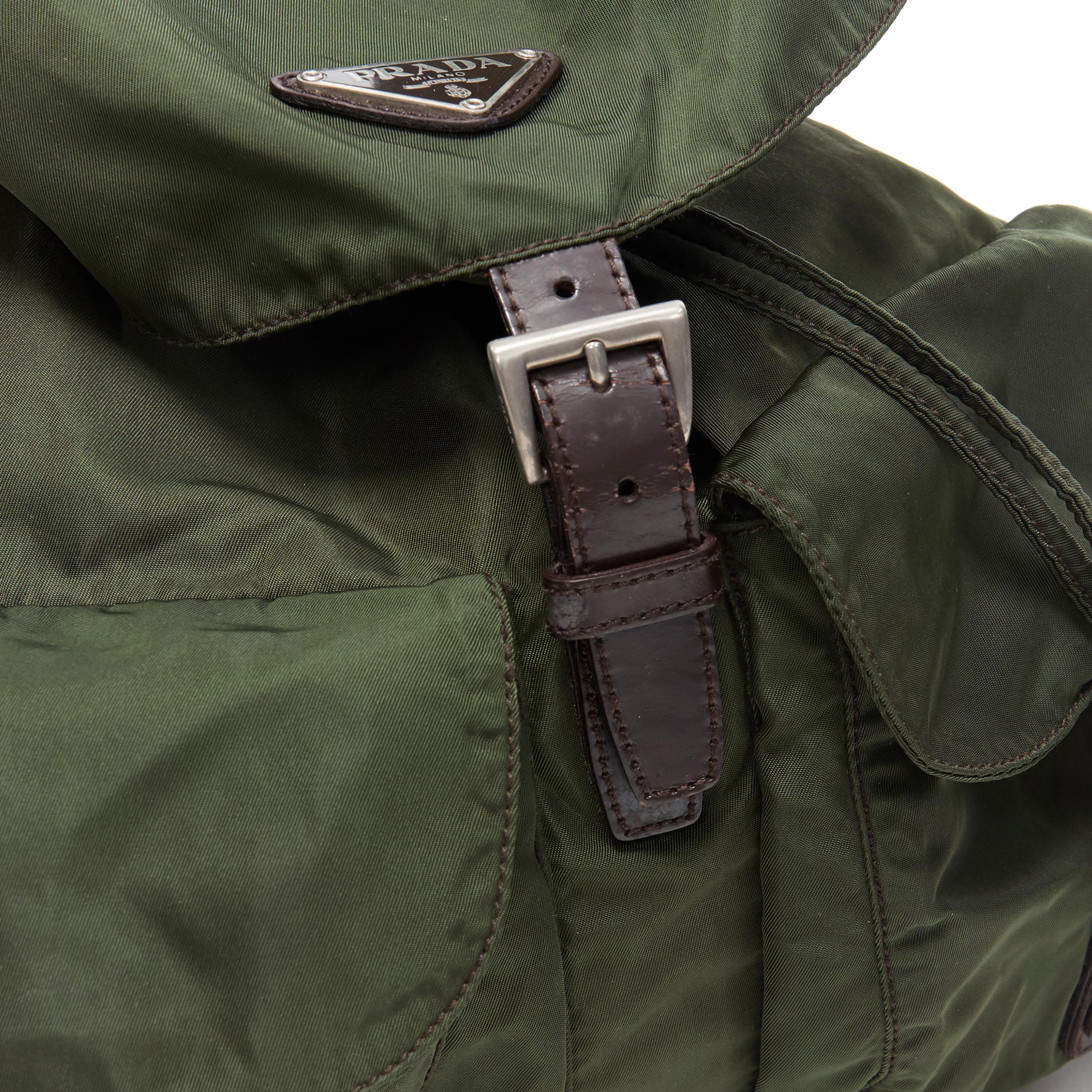 vintage PRADA Tessuto green nylon leather trimmed dual pocket backpack bag 1