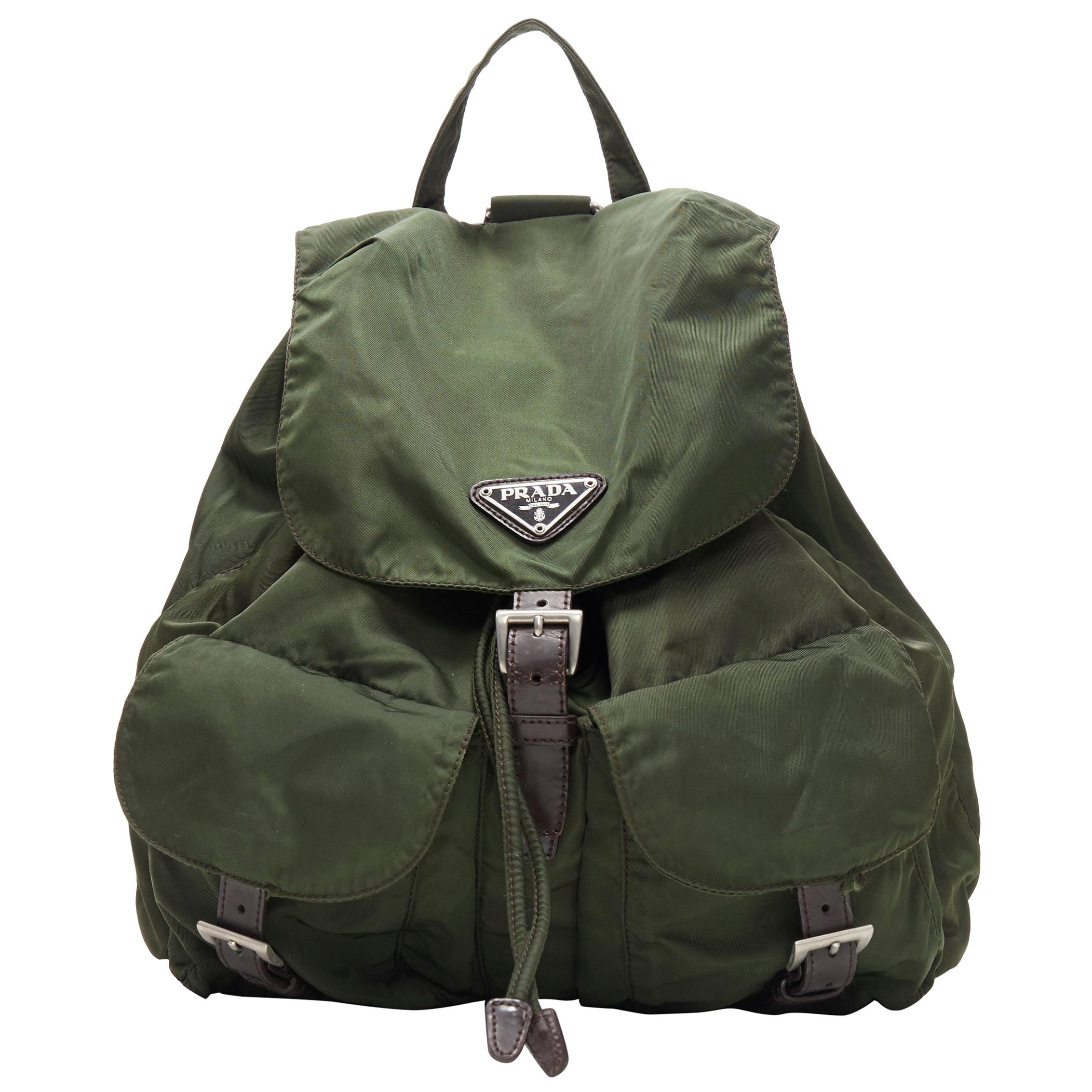 vintage PRADA Tessuto green nylon leather trimmed dual pocket backpack bag  at 1stDibs