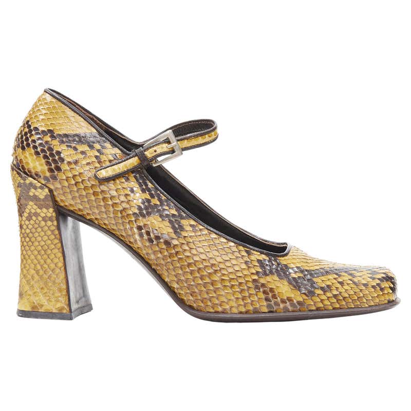 vintage PRADA yellow scaled leather square toe chunky heel mary jane ...