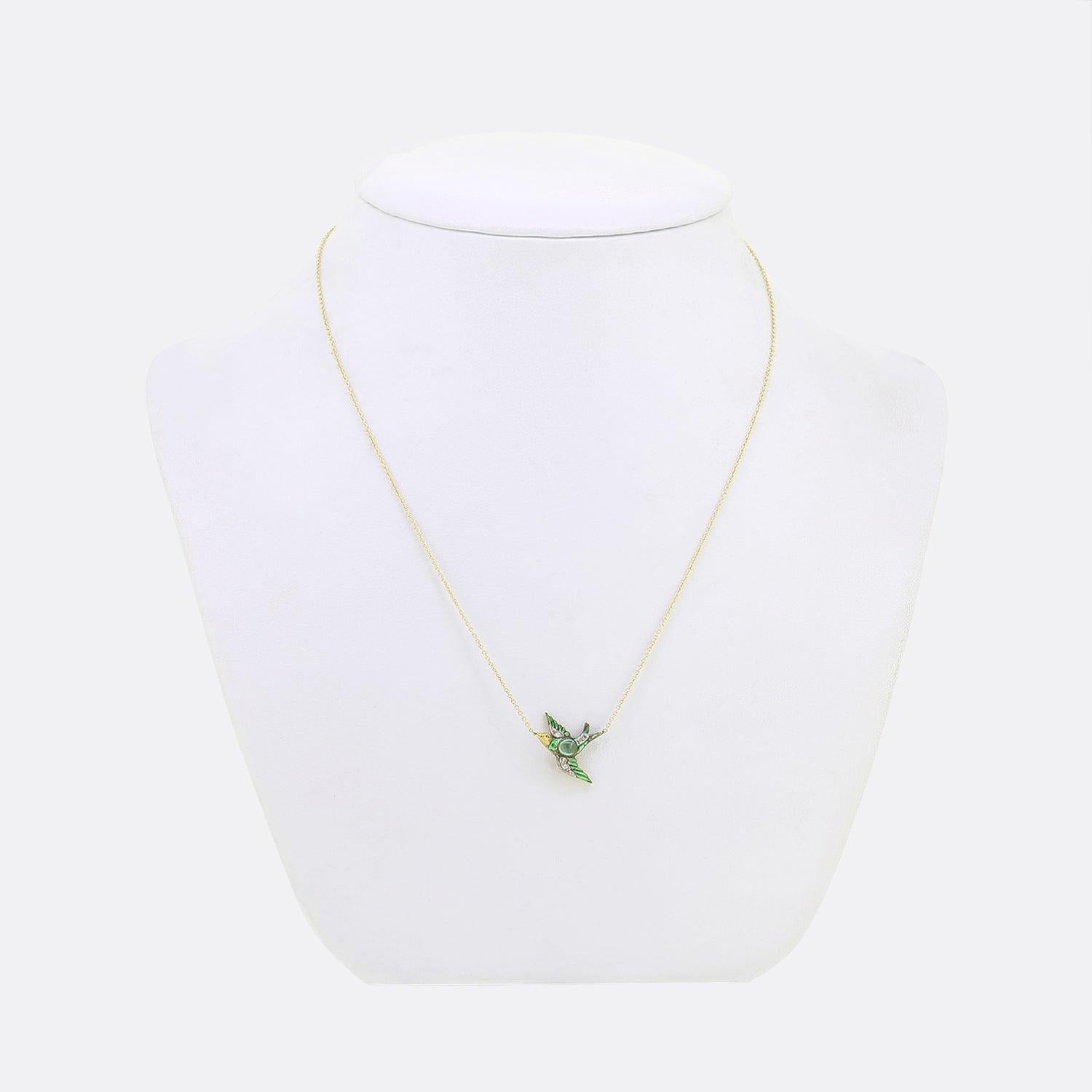 Here we have a beautiful vintage gem set necklace. This piece showcases a charming antique pendant which has been crafted into the shape of a mid flight bird. Exceptional attention to detail has been paid here with the fine multilayered wings