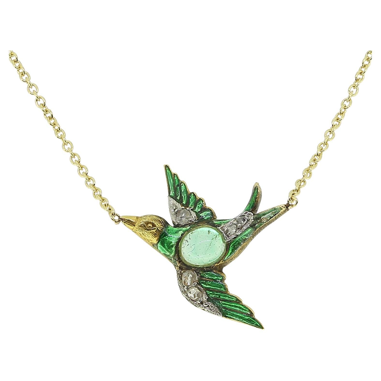 Vintage Prasiolite Diamond and Enamel Bird Pendant Necklace For Sale