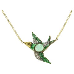 Vintage Prasiolite Diamond and Enamel Bird Pendant Necklace