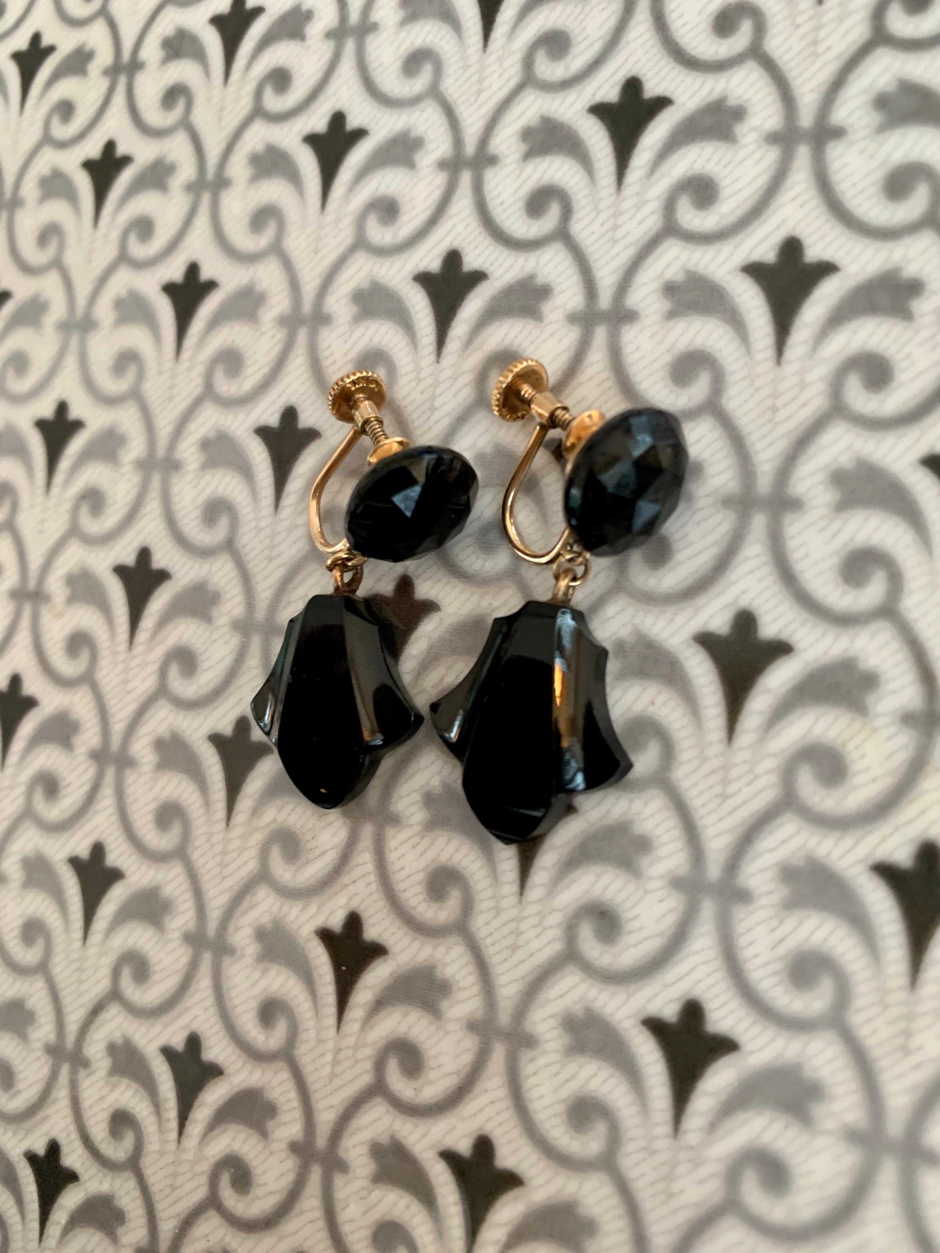 Women's Vintage Pre-1930s Black Onyx 10 Karat Yellow Gold Drop Screw Back Earrings