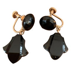 Antique Pre-1930s Black Onyx 10 Karat Yellow Gold Drop Screw Back Earrings