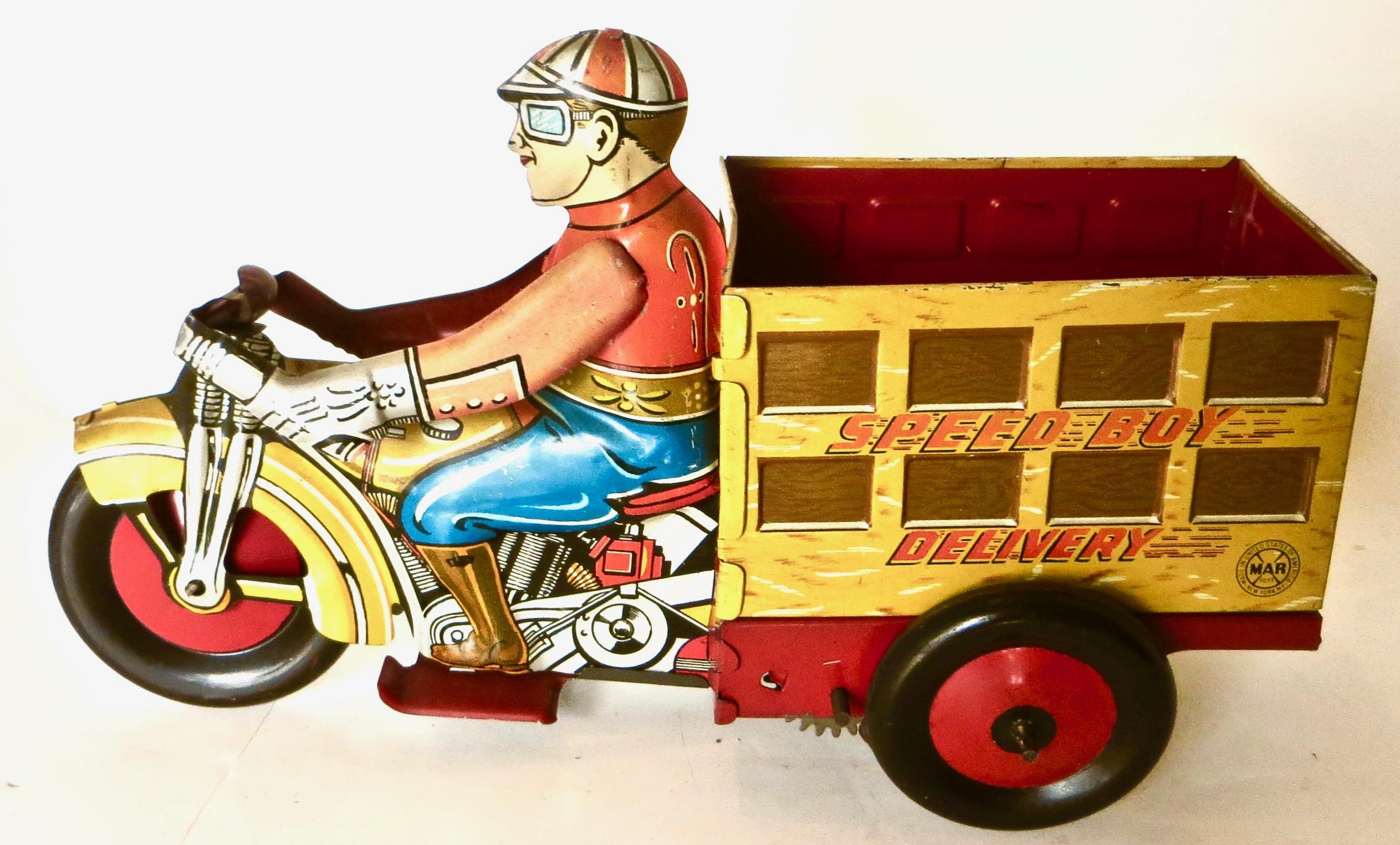 Vintage- Wind-Up-Spielzeug aus der Vorkriegszeit „Boy on Motorcycle Delivery Truck“ von Marx (Mitte des 20. Jahrhunderts) im Angebot