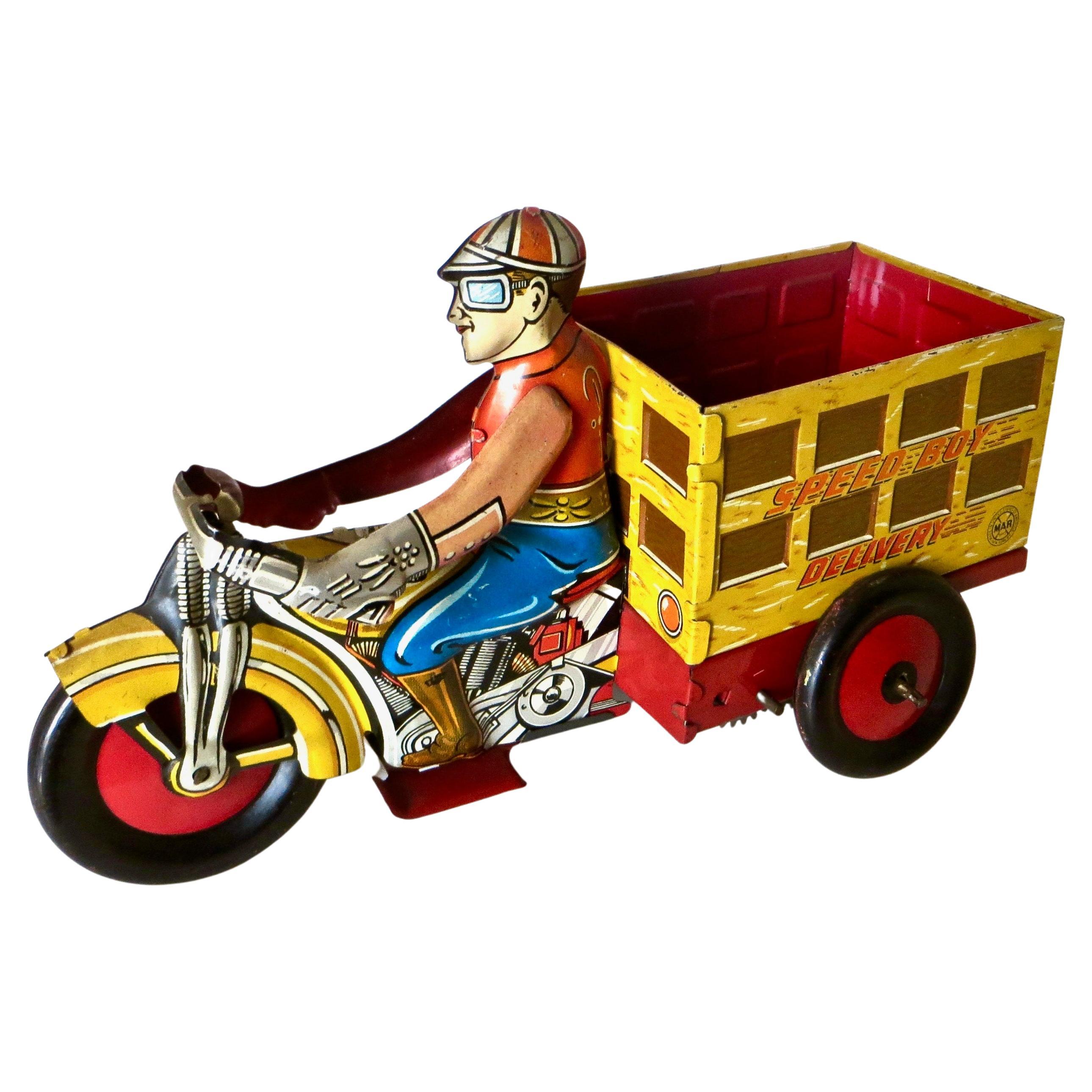 Vintage Pre-War Wind-Up Toy "Boy on Motorcycle Delivery Truck" by Marx For Sale