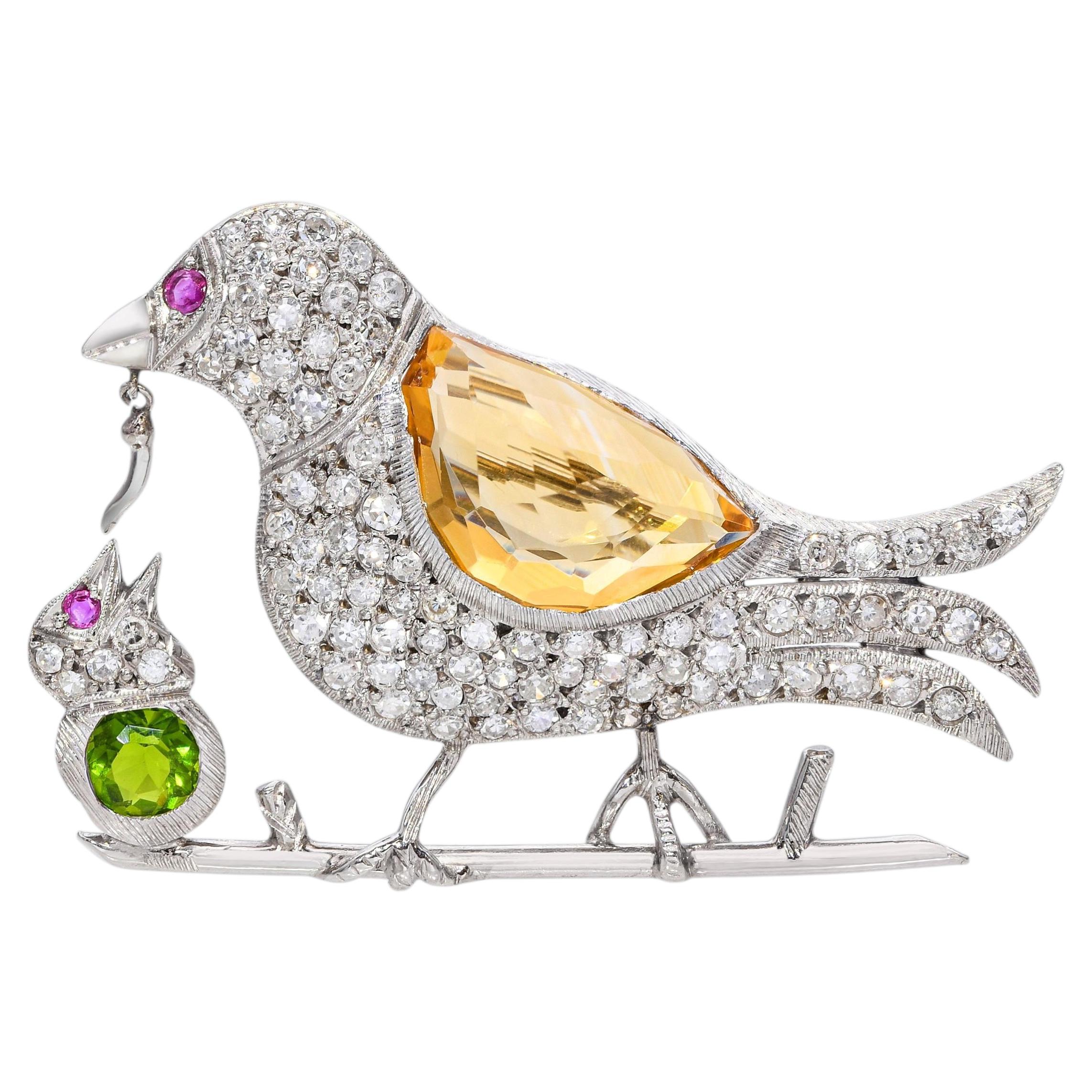 Vintage Precious Metal Alloy Mother & Baby Bird Diamond & Multi Gem Brooch For Sale