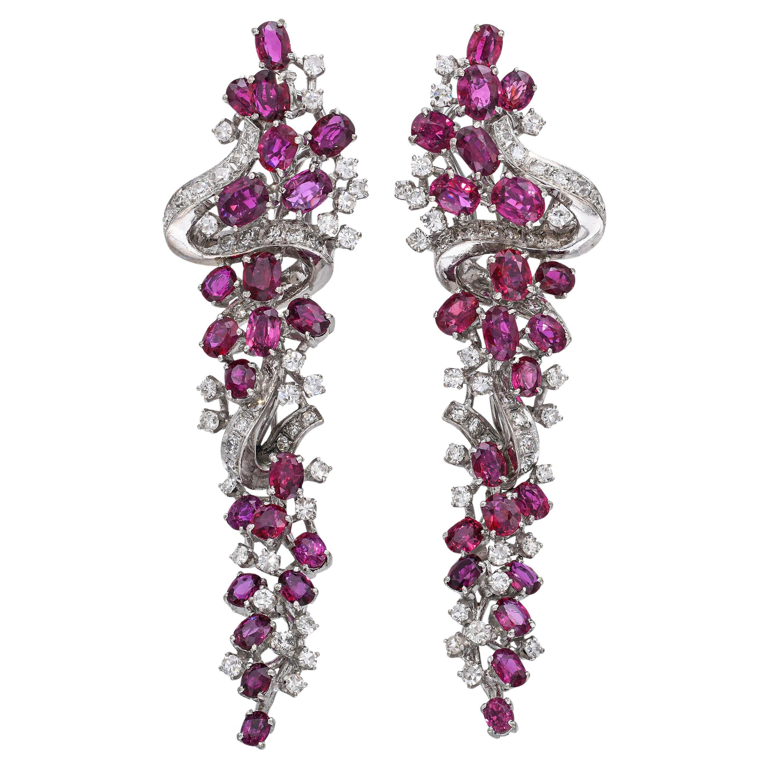Pendientes de gota florales vintage de aleación de metales preciosos con rubíes y diamantes