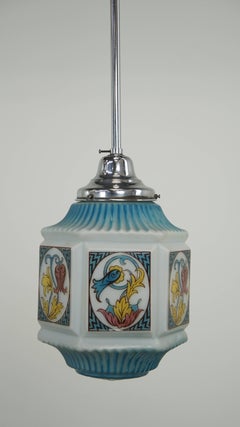 Vorwiegend blaue Art-Déco-Pendelleuchte mit wunderschön lackiertem Glas, Vintage