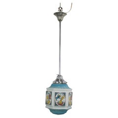 Vintage Predominantly Blue Art Deco Pendant Light with Beautifully Painted Glass