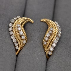 Vintage Preformed Parts PP 18K Gold Diamond Leaf Feather Clip Earrings